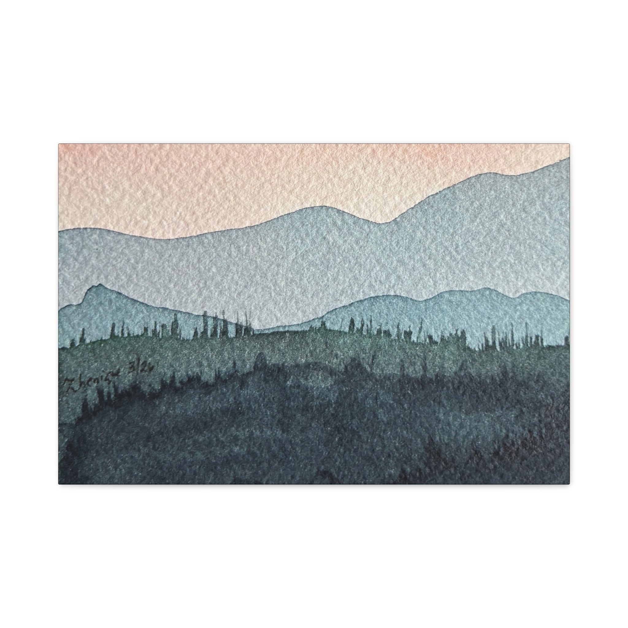 Teal Mountain Mist Watercolor Canvas Wall Art — Stretched Matte Landscape Print