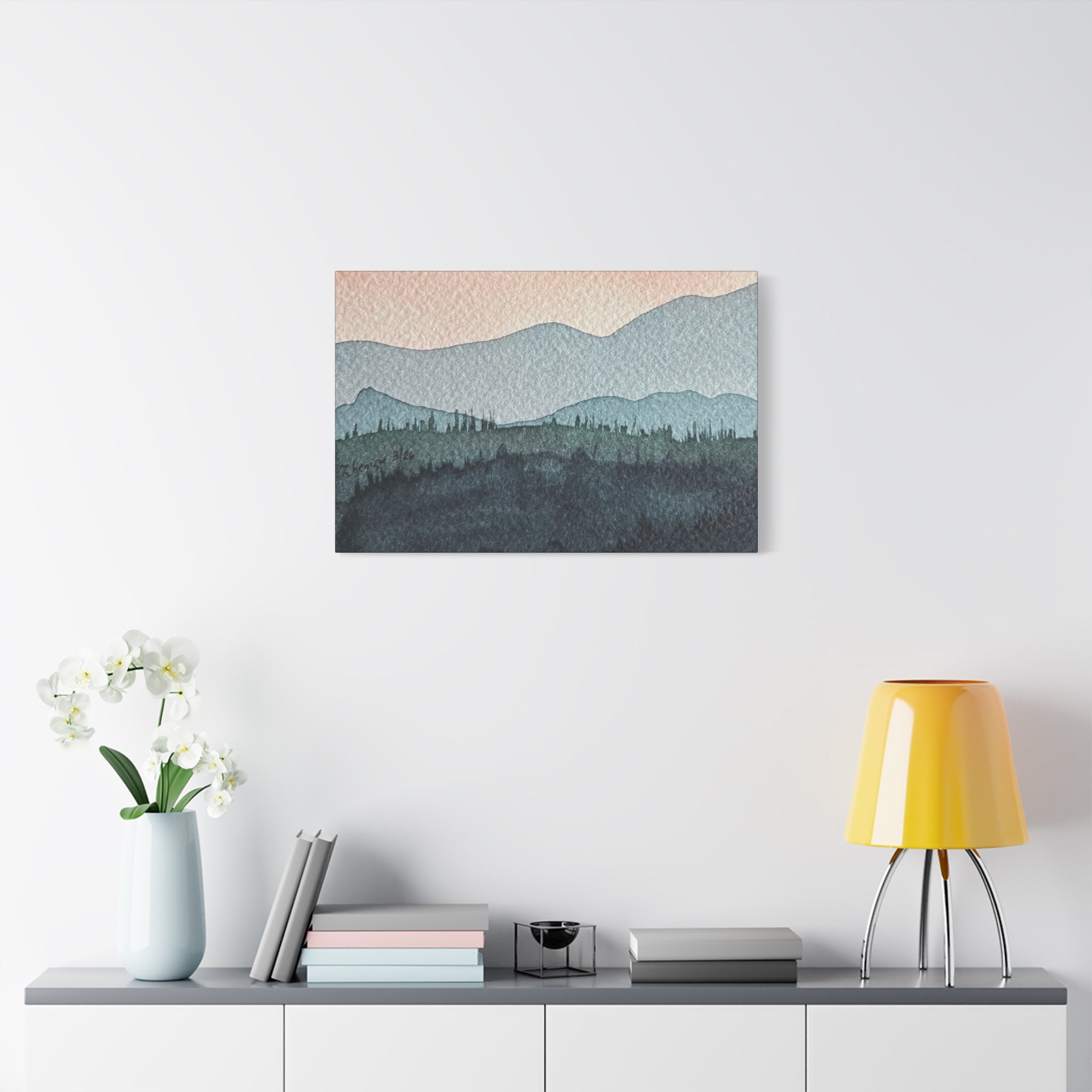 Teal Mountain Mist Watercolor Canvas Wall Art — Stretched Matte Landscape Print