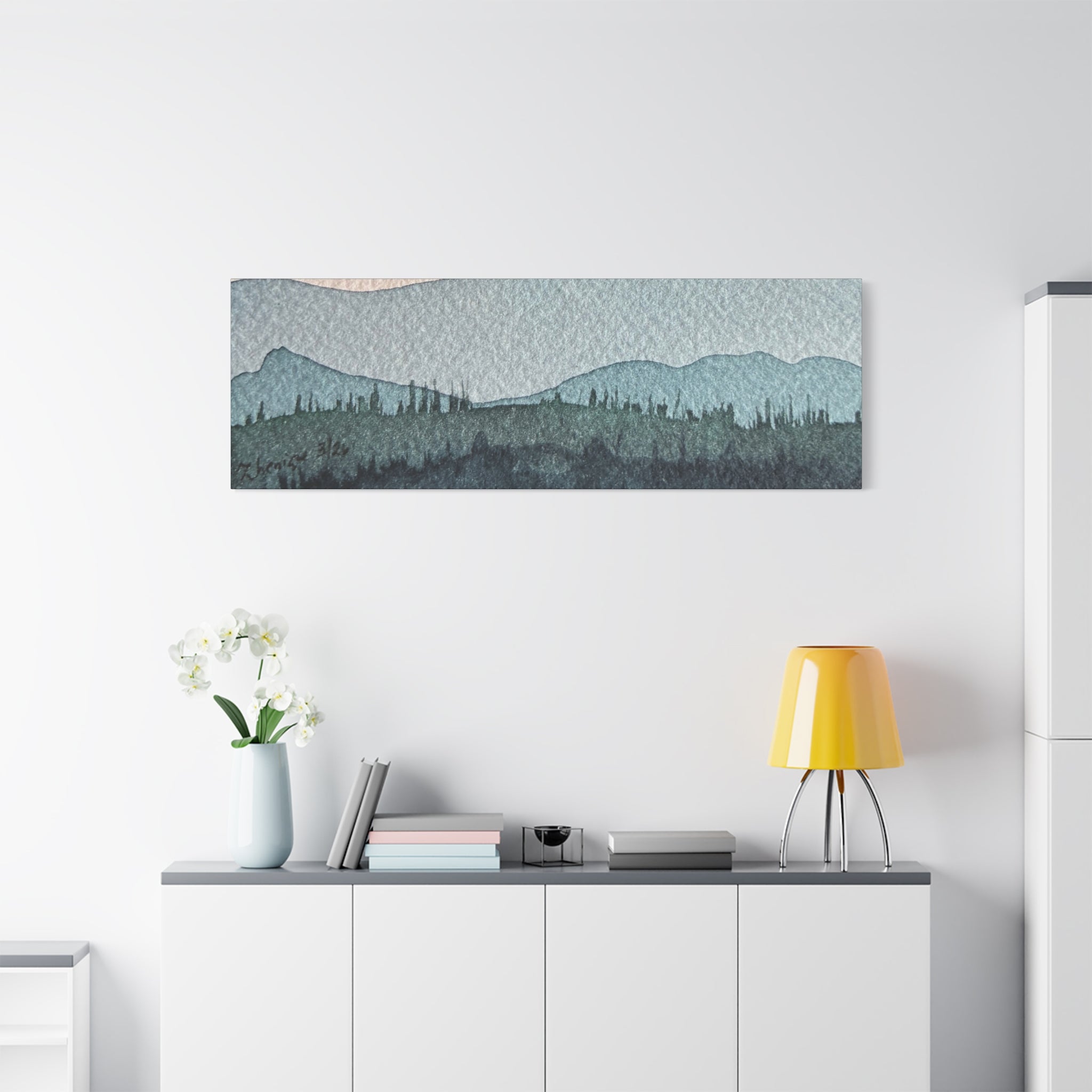 Teal Mountain Mist Watercolor Canvas Wall Art — Stretched Matte Landscape Print