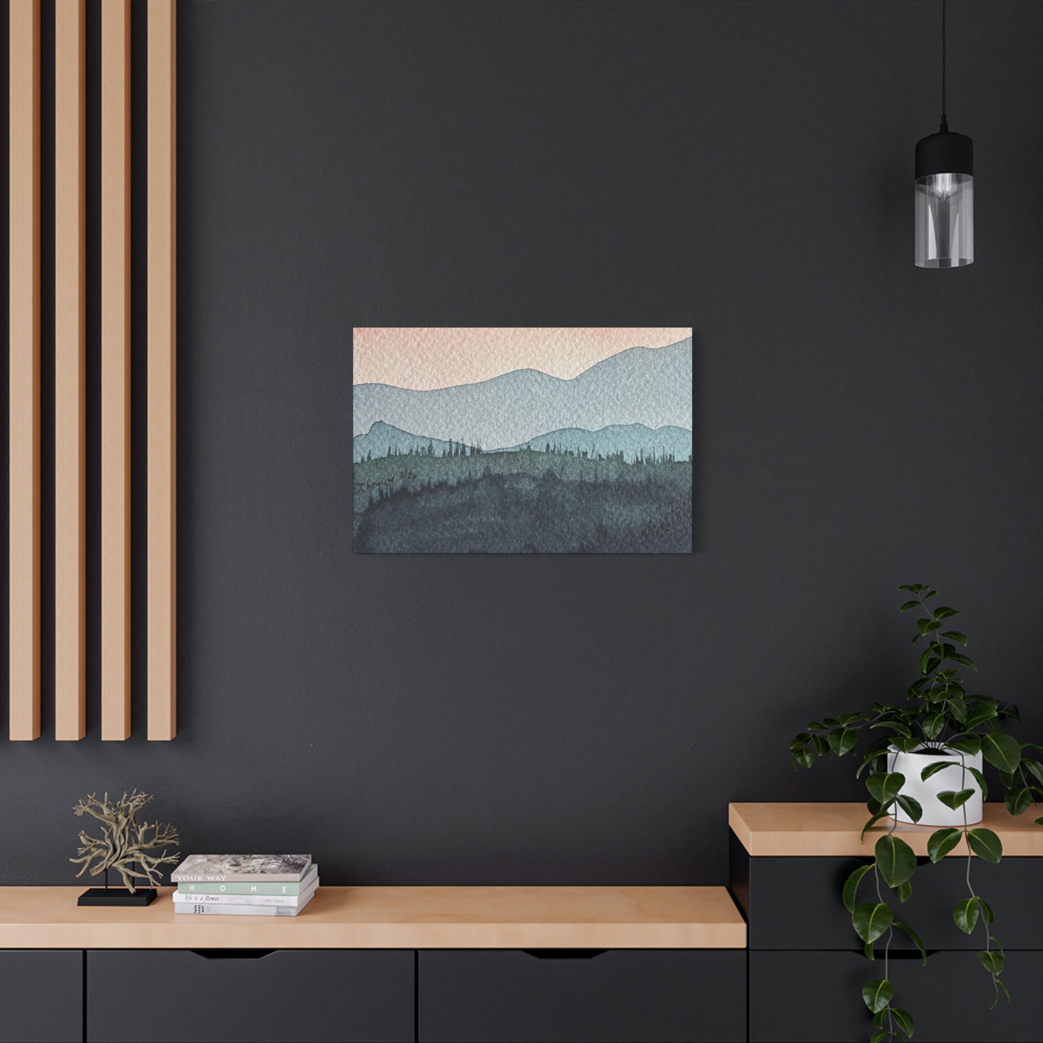 Teal Mountain Mist Watercolor Canvas Wall Art — Stretched Matte Landscape Print