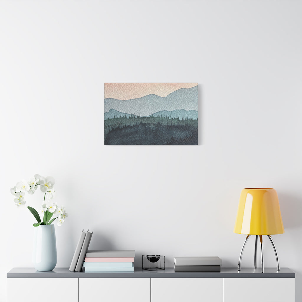 Teal Mountain Mist Watercolor Canvas Wall Art — Stretched Matte Landscape Print