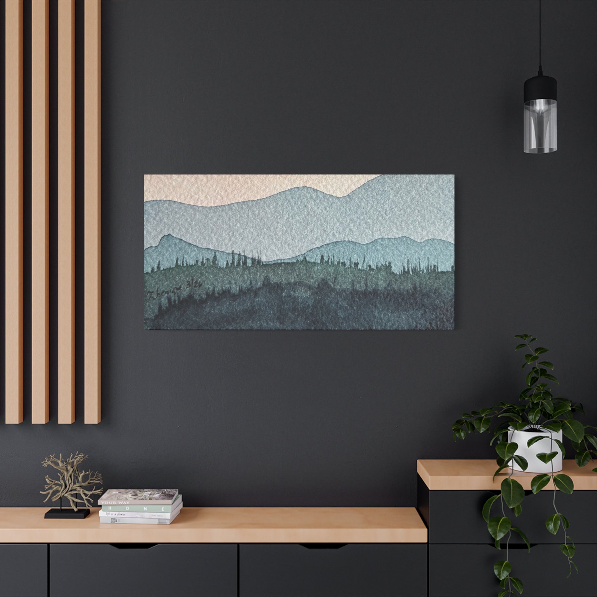 Teal Mountain Mist Watercolor Canvas Wall Art — Stretched Matte Landscape Print