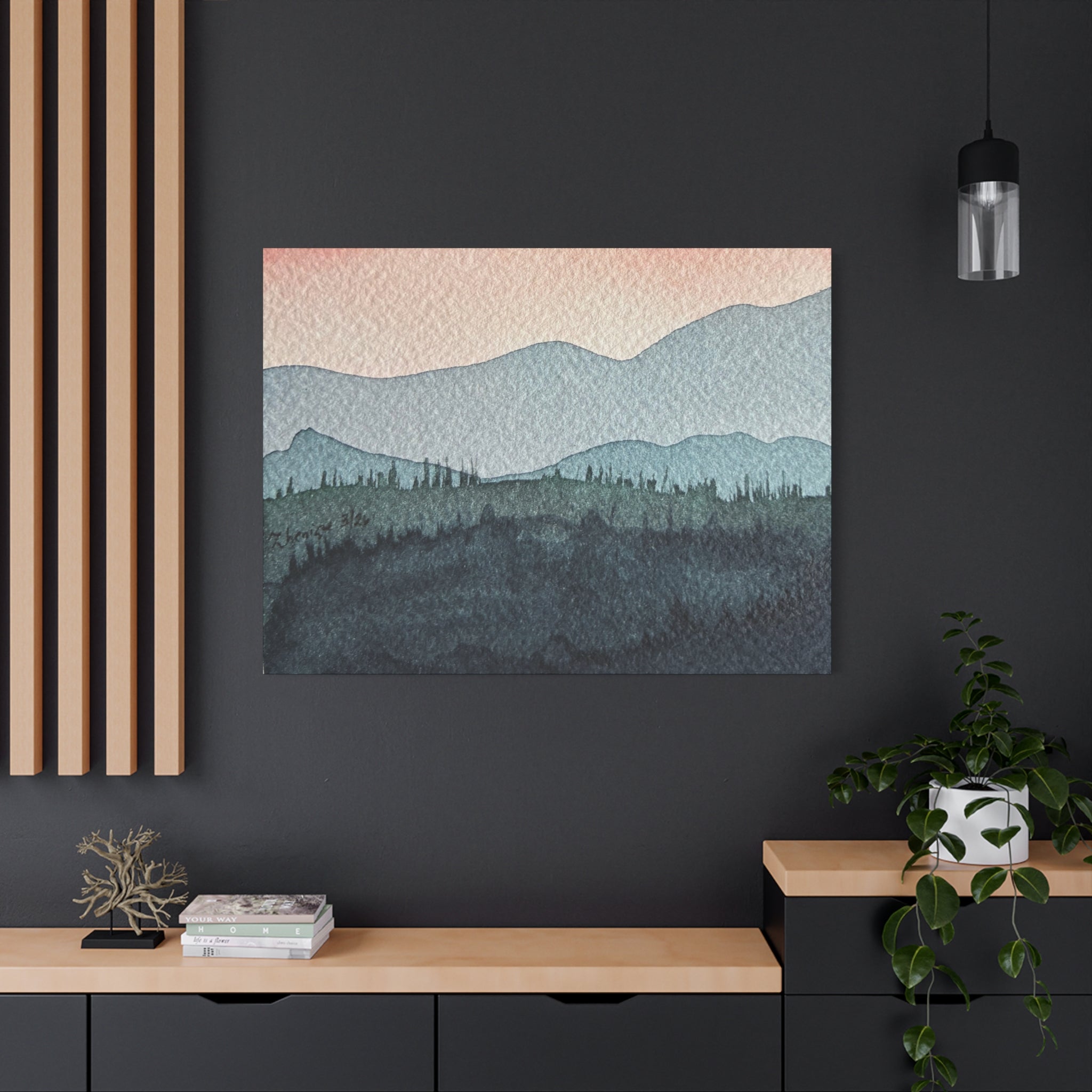 Teal Mountain Mist Watercolor Canvas Wall Art — Stretched Matte Landscape Print