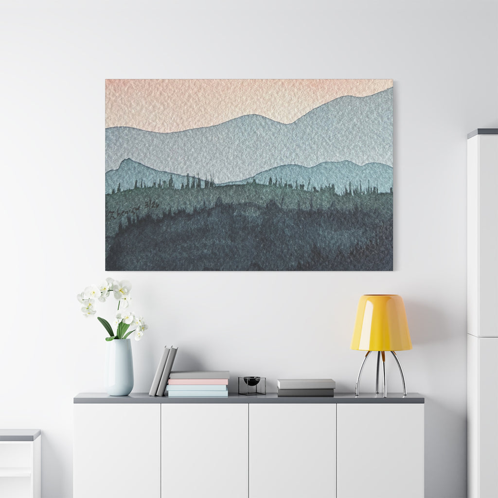 Teal Mountain Mist Watercolor Canvas Wall Art — Stretched Matte Landscape Print
