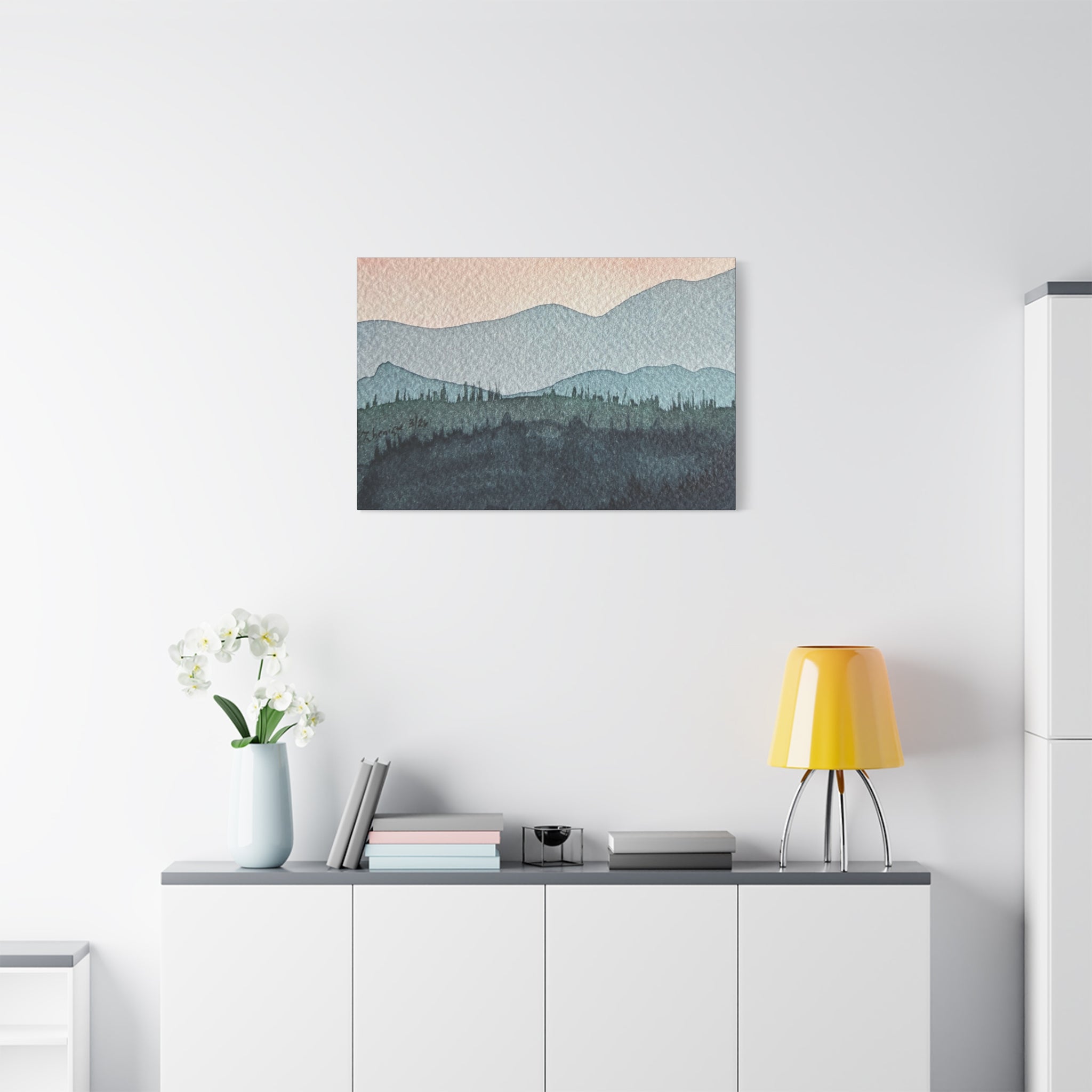 Teal Mountain Mist Watercolor Canvas Wall Art — Stretched Matte Landscape Print