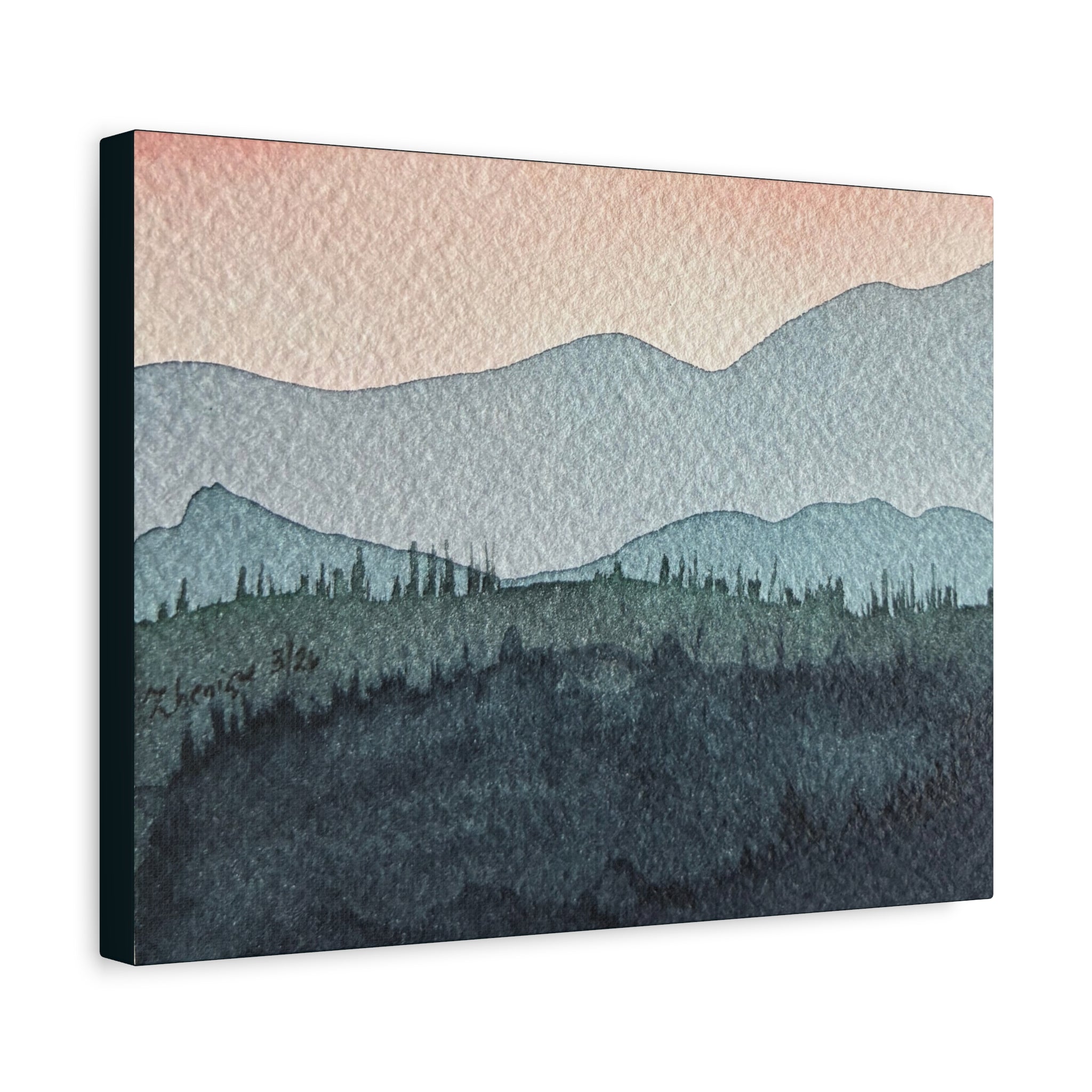 Teal Mountain Mist Watercolor Canvas Wall Art — Stretched Matte Landscape Print