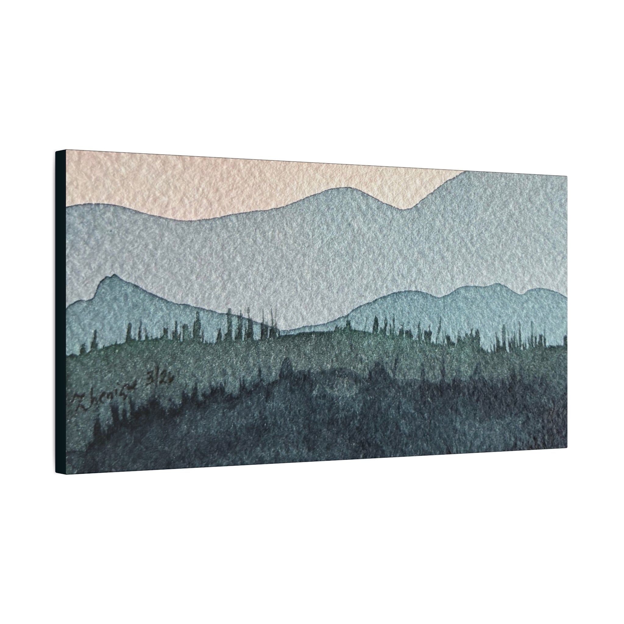 Teal Mountain Mist Watercolor Canvas Wall Art — Stretched Matte Landscape Print