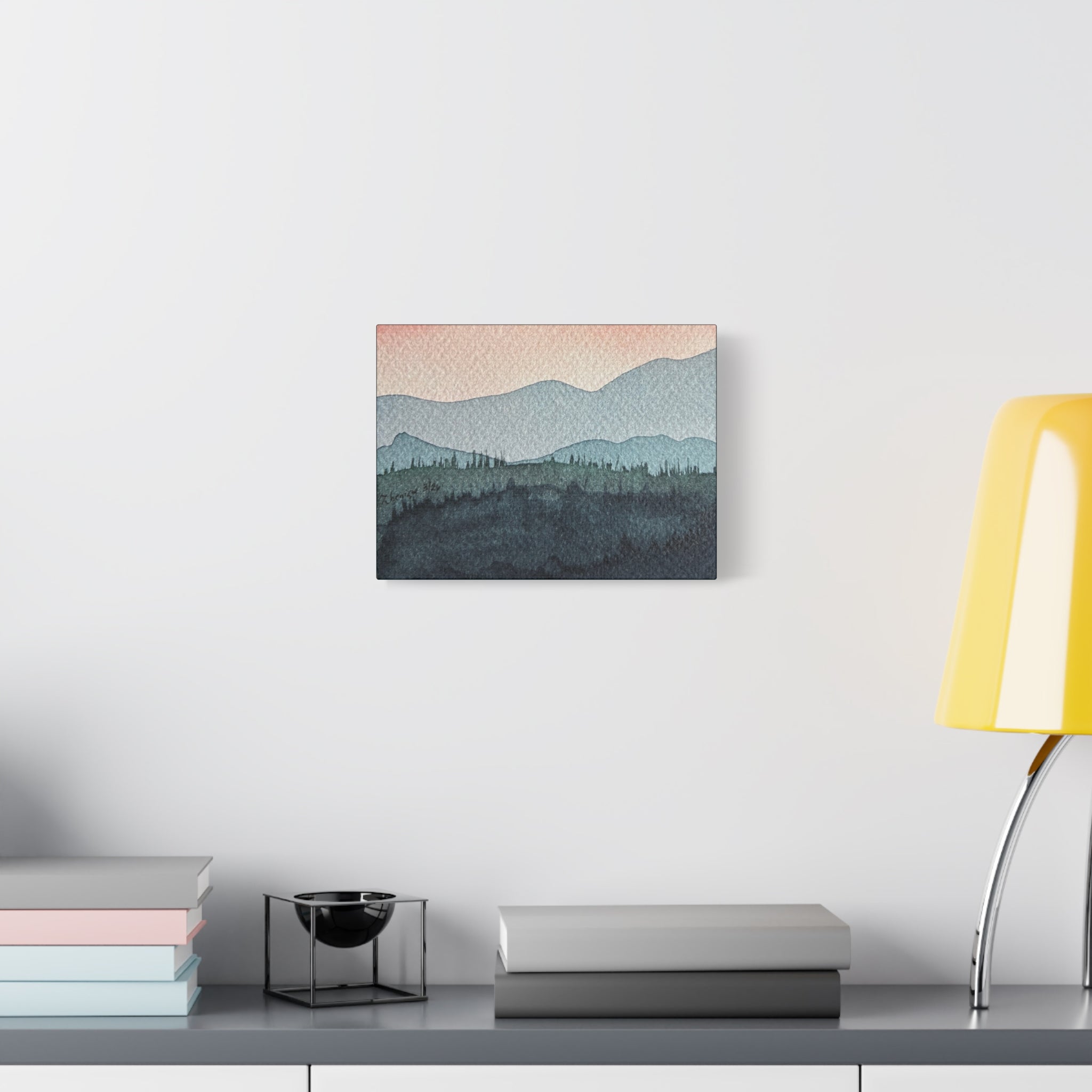 Teal Mountain Mist Watercolor Canvas Wall Art — Stretched Matte Landscape Print