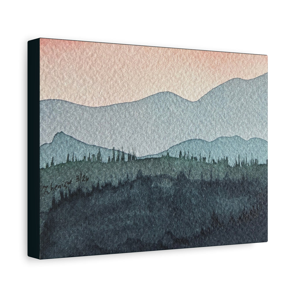 Teal Mountain Mist Watercolor Canvas Wall Art — Stretched Matte Landscape Print
