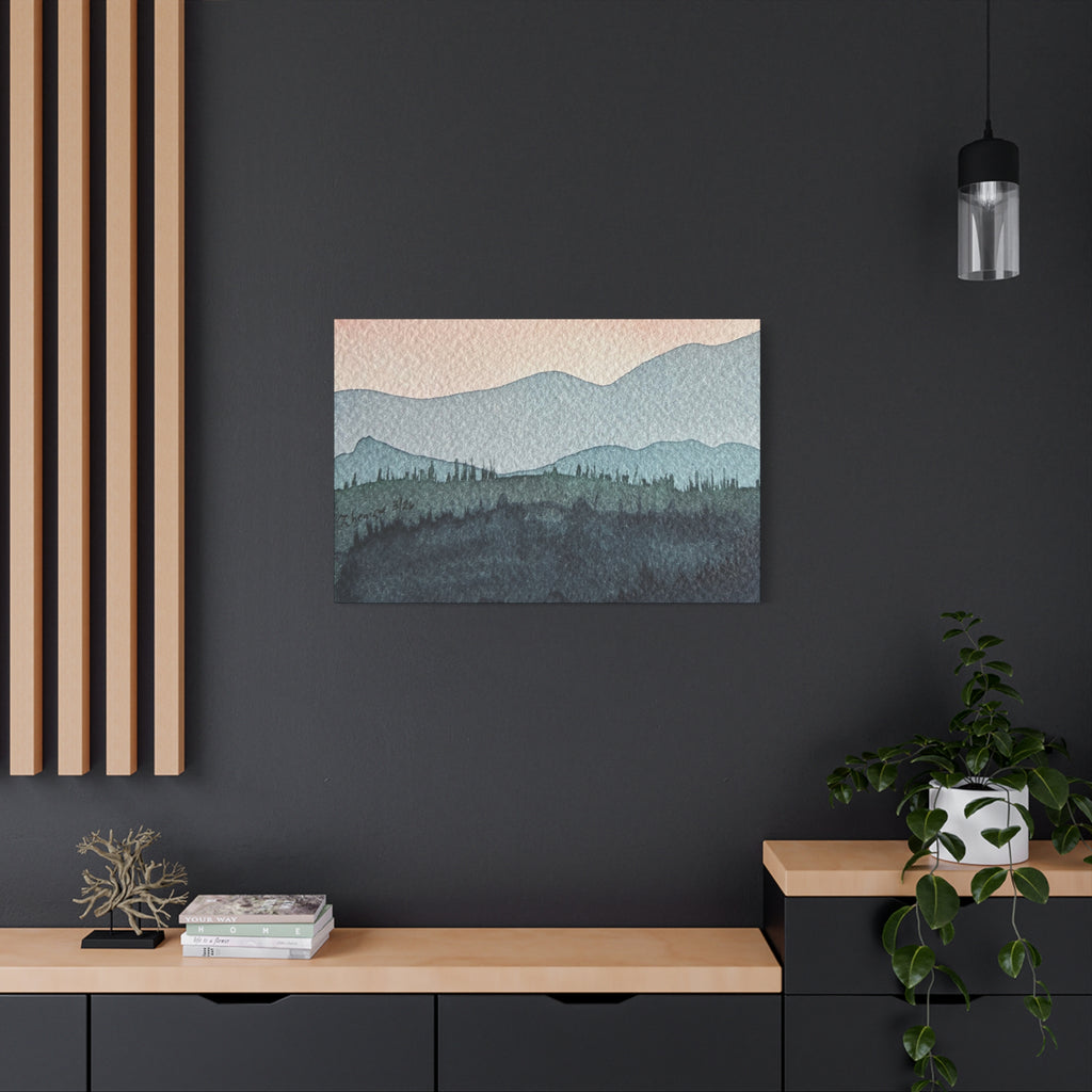 Teal Mountain Mist Watercolor Canvas Wall Art — Stretched Matte Landscape Print