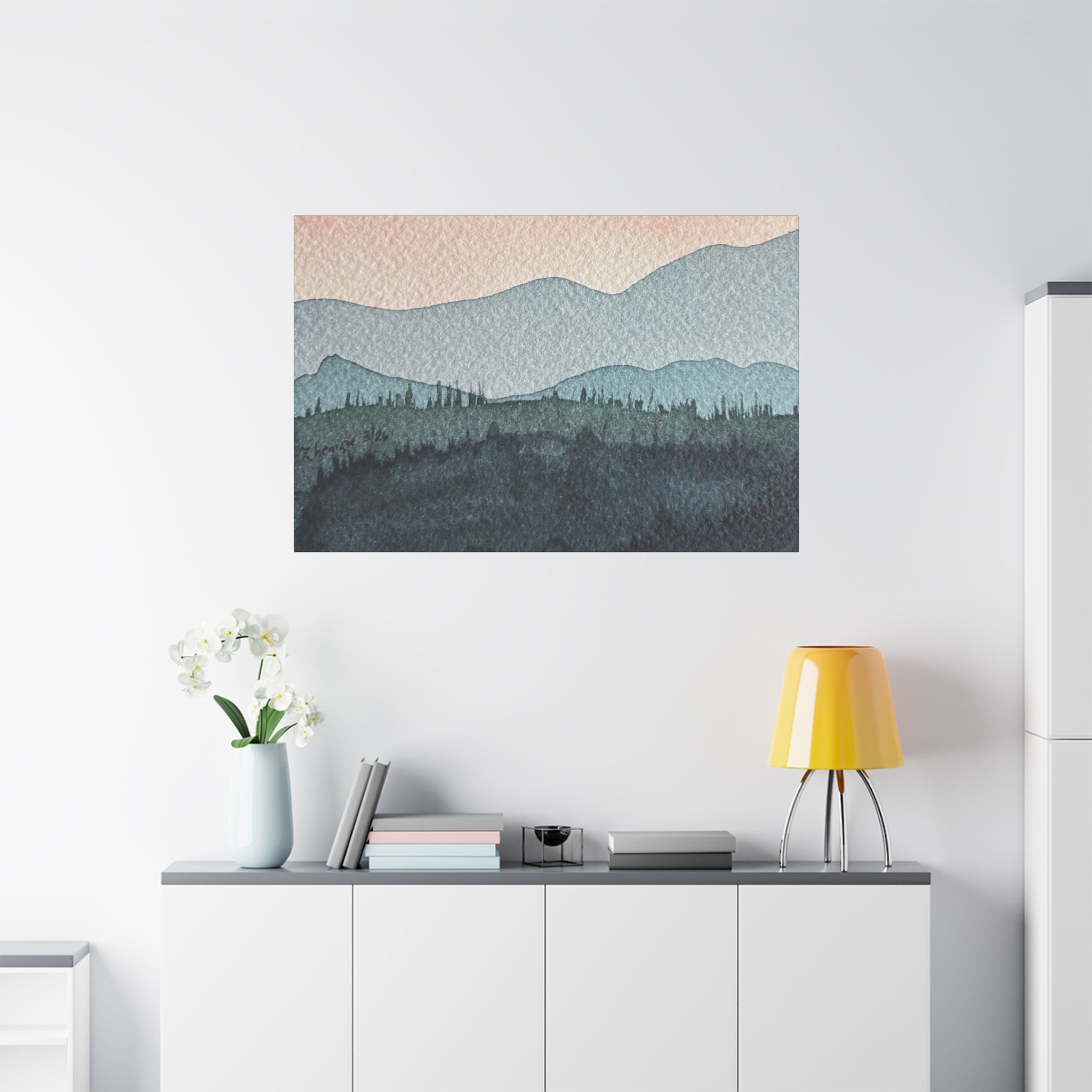 Teal Mountain Mist Watercolor Canvas Wall Art — Stretched Matte Landscape Print