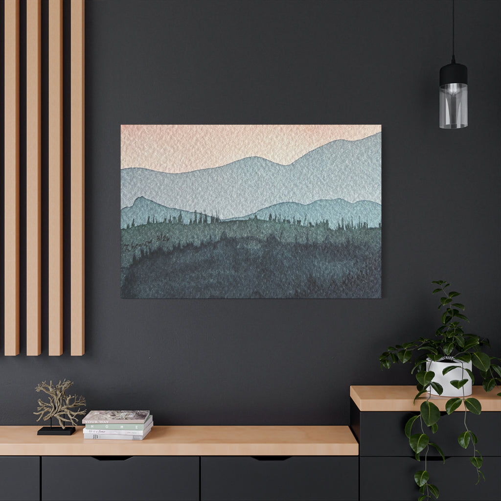 Teal Mountain Mist Watercolor Canvas Wall Art — Stretched Matte Landscape Print