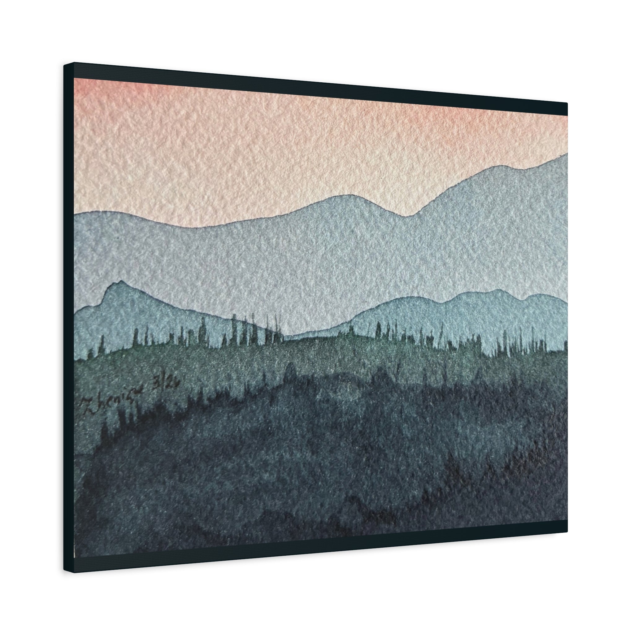 Teal Mountain Mist Watercolor Canvas Wall Art — Stretched Matte Landscape Print