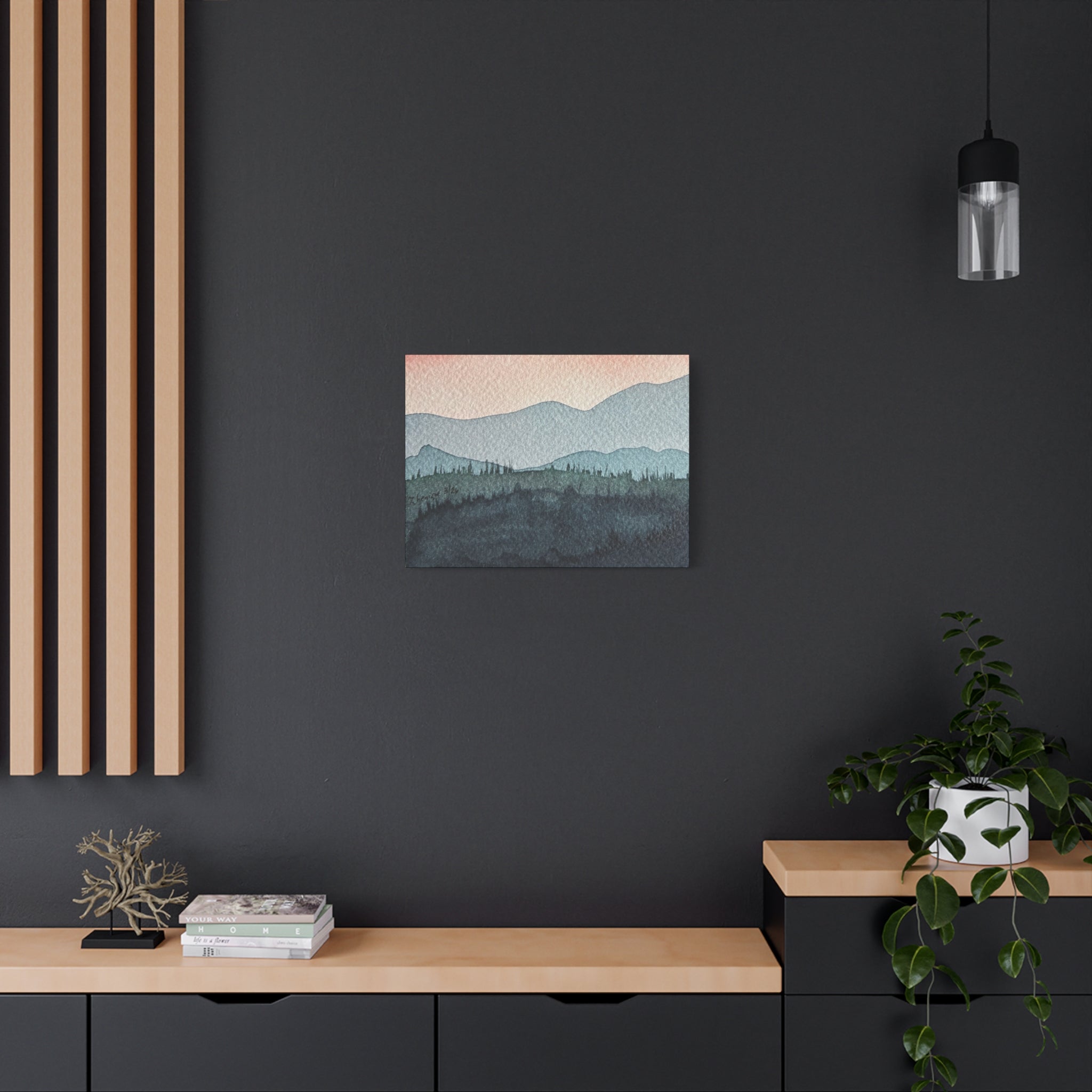 Teal Mountain Mist Watercolor Canvas Wall Art — Stretched Matte Landscape Print