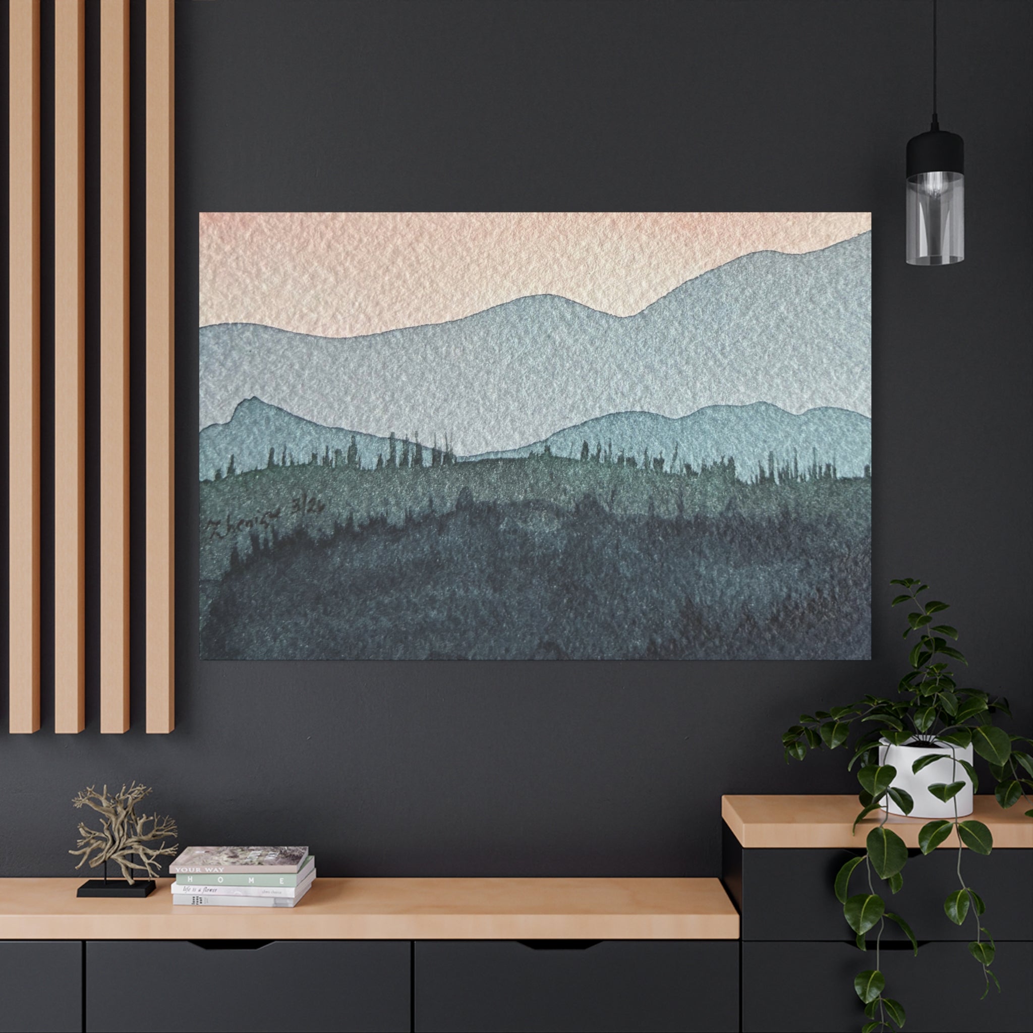 Teal Mountain Mist Watercolor Canvas Wall Art — Stretched Matte Landscape Print