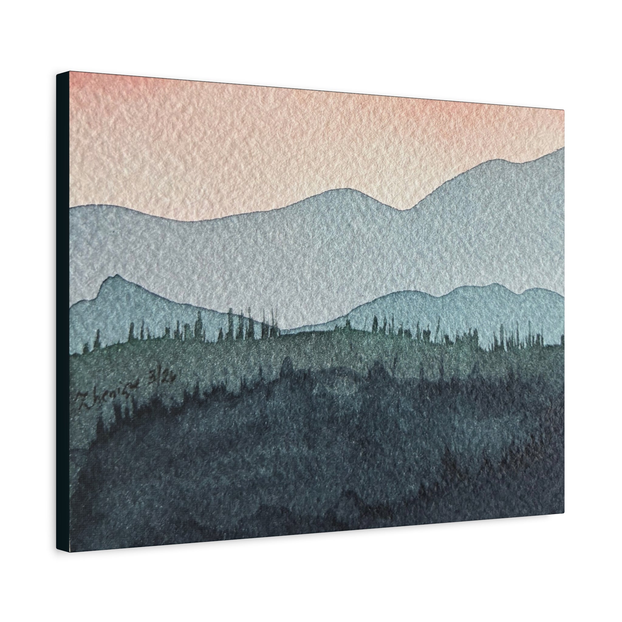 Teal Mountain Mist Watercolor Canvas Wall Art — Stretched Matte Landscape Print