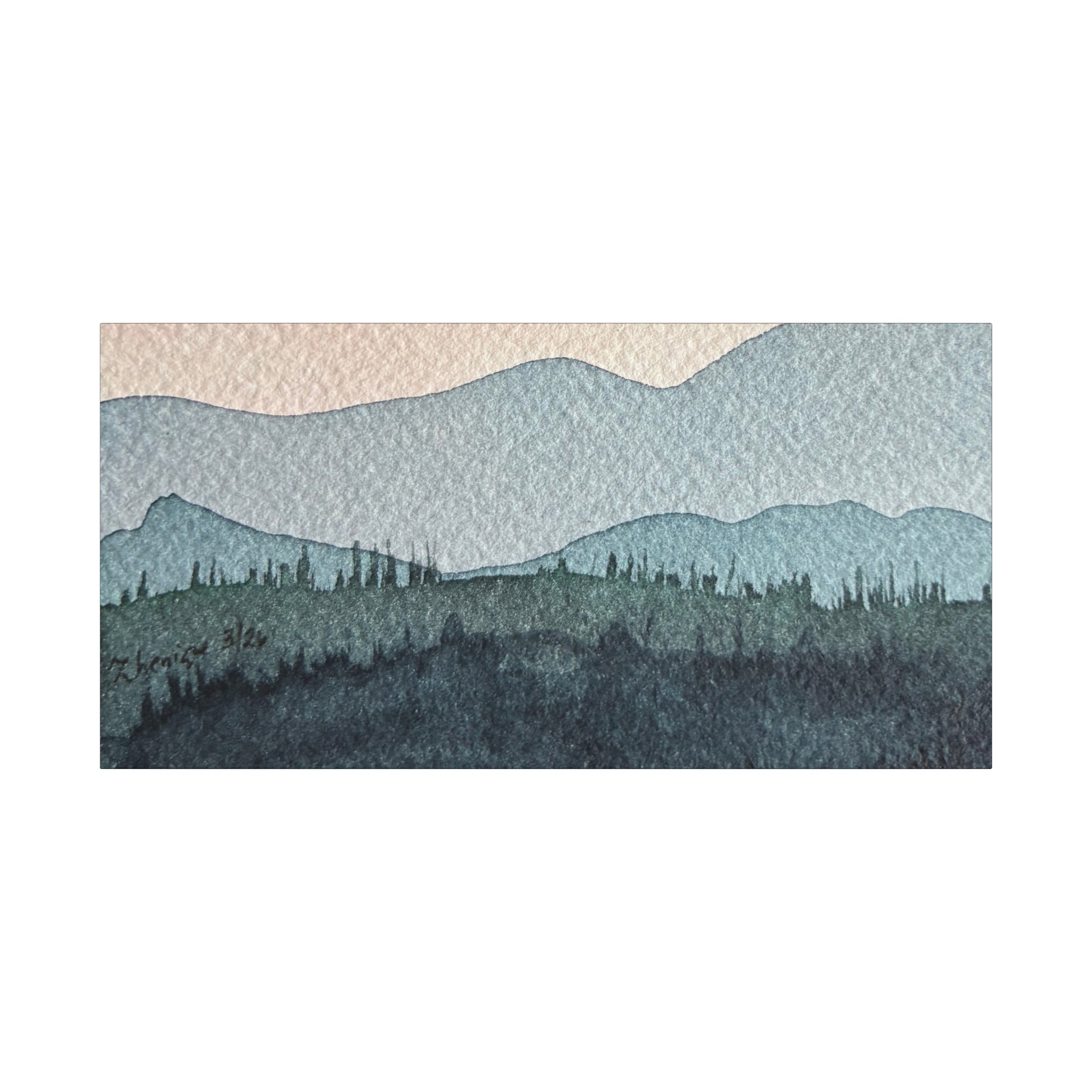 Teal Mountain Mist Watercolor Canvas Wall Art — Stretched Matte Landscape Print
