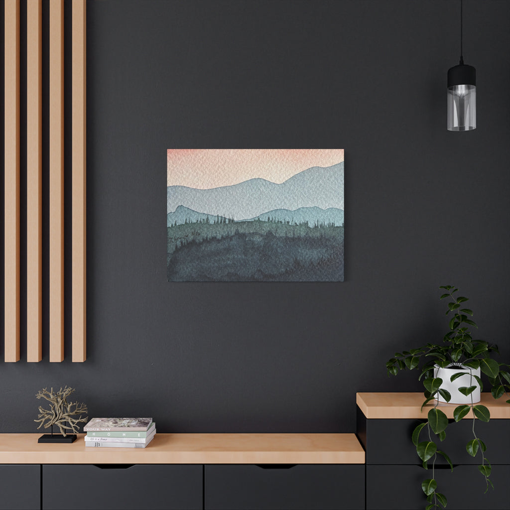 Teal Mountain Mist Watercolor Canvas Wall Art — Stretched Matte Landscape Print