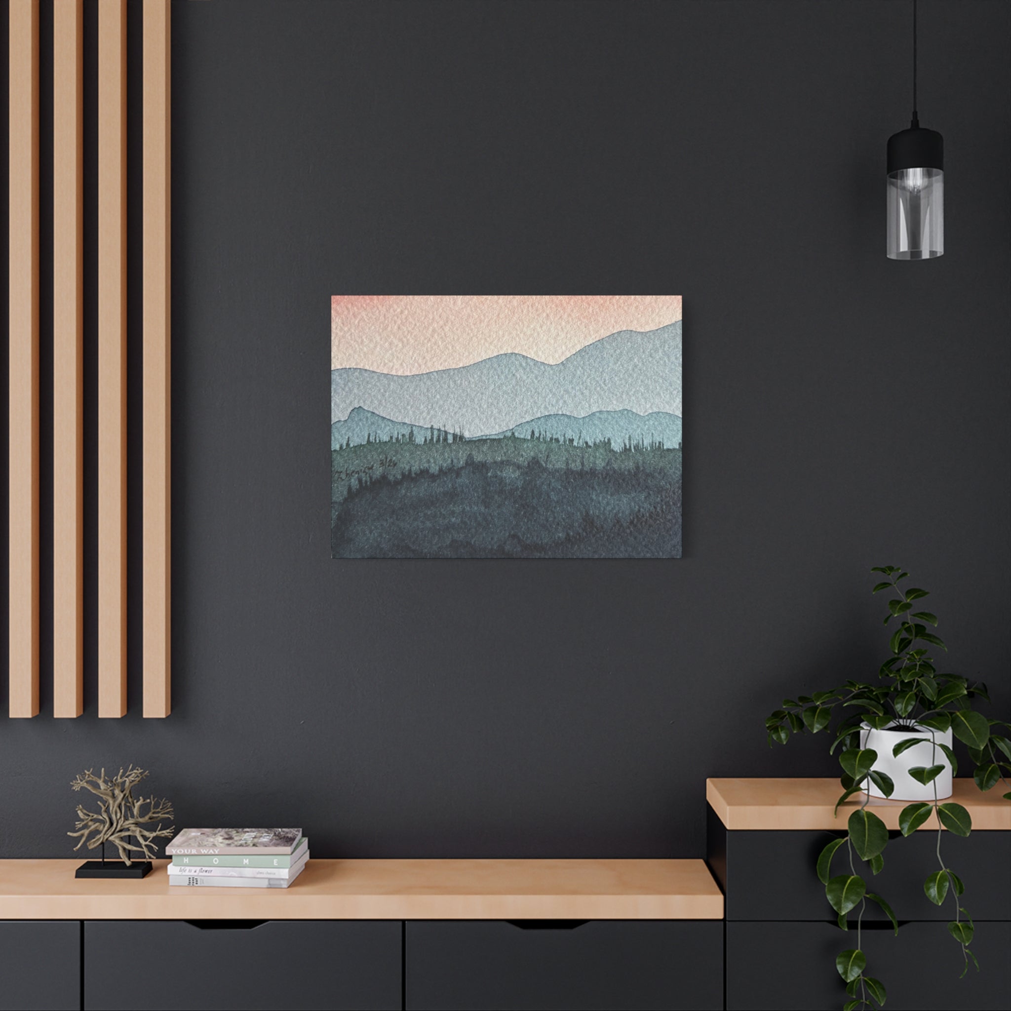 Teal Mountain Mist Watercolor Canvas Wall Art — Stretched Matte Landscape Print