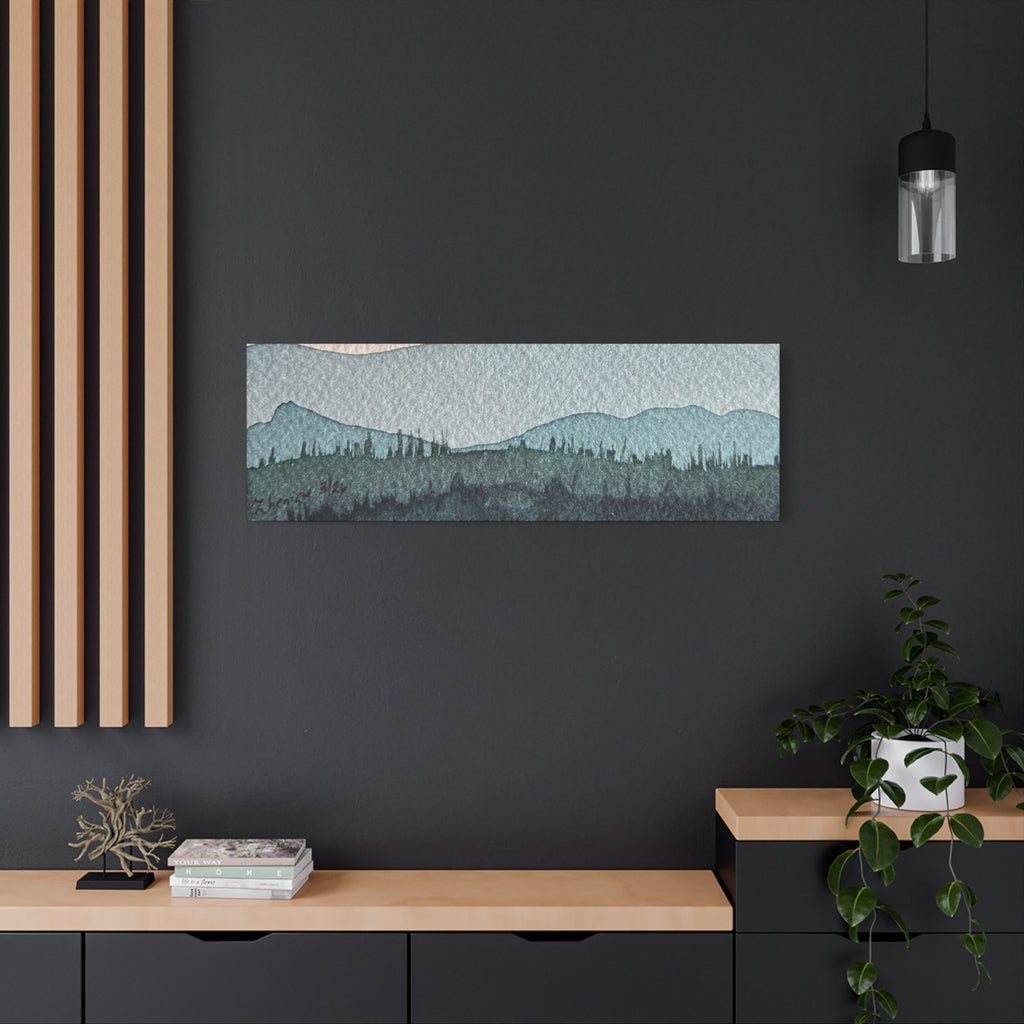 Teal Mountain Mist Watercolor Canvas Wall Art — Stretched Matte Landscape Print