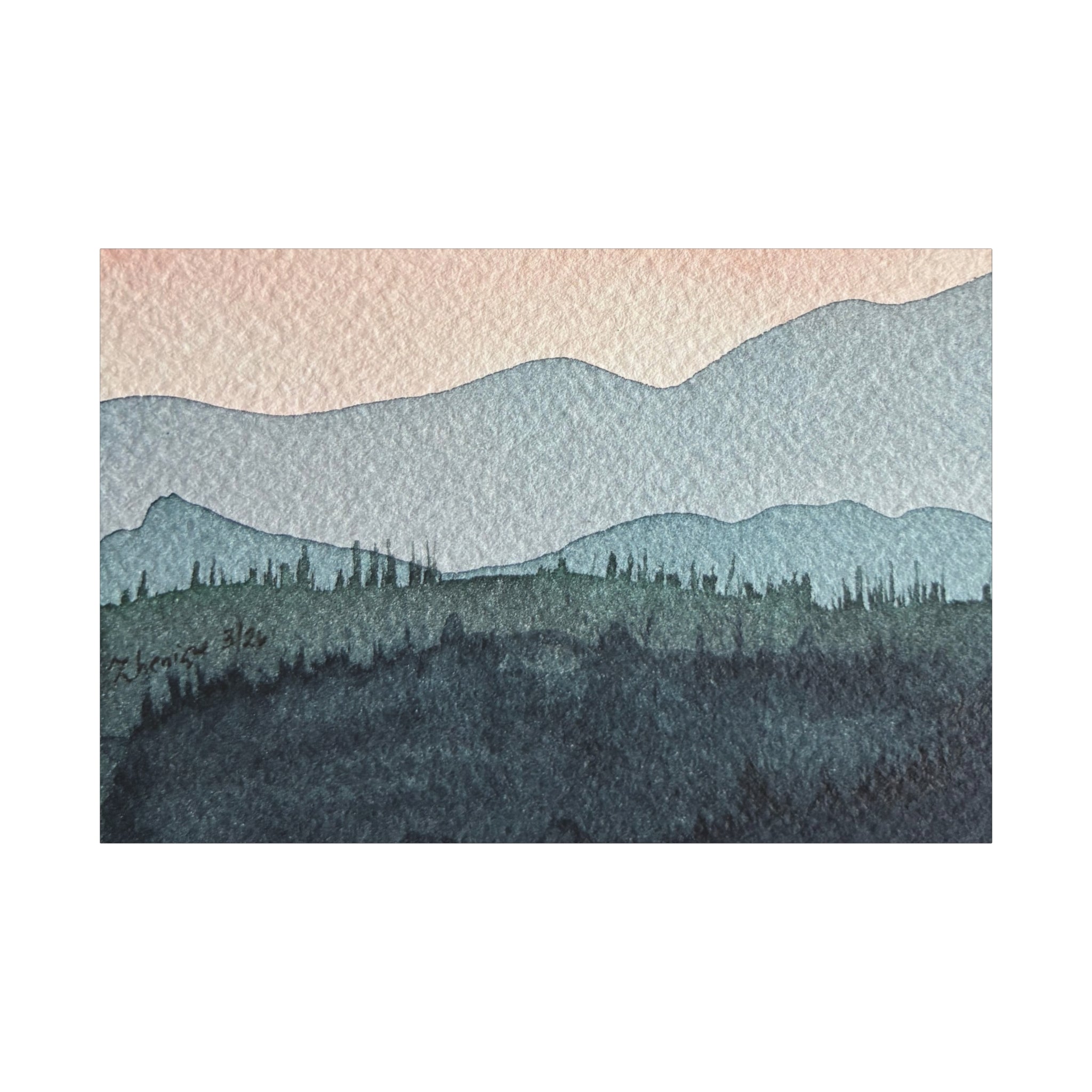 Teal Mountain Mist Watercolor Canvas Wall Art — Stretched Matte Landscape Print