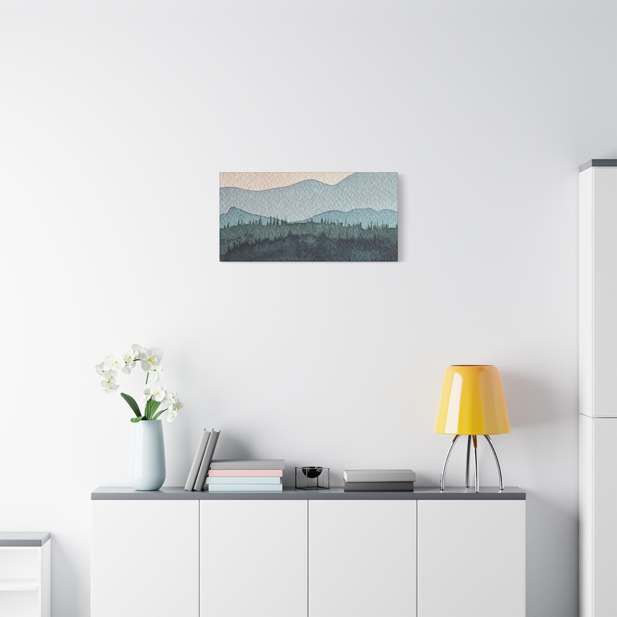 Teal Mountain Mist Watercolor Canvas Wall Art — Stretched Matte Landscape Print