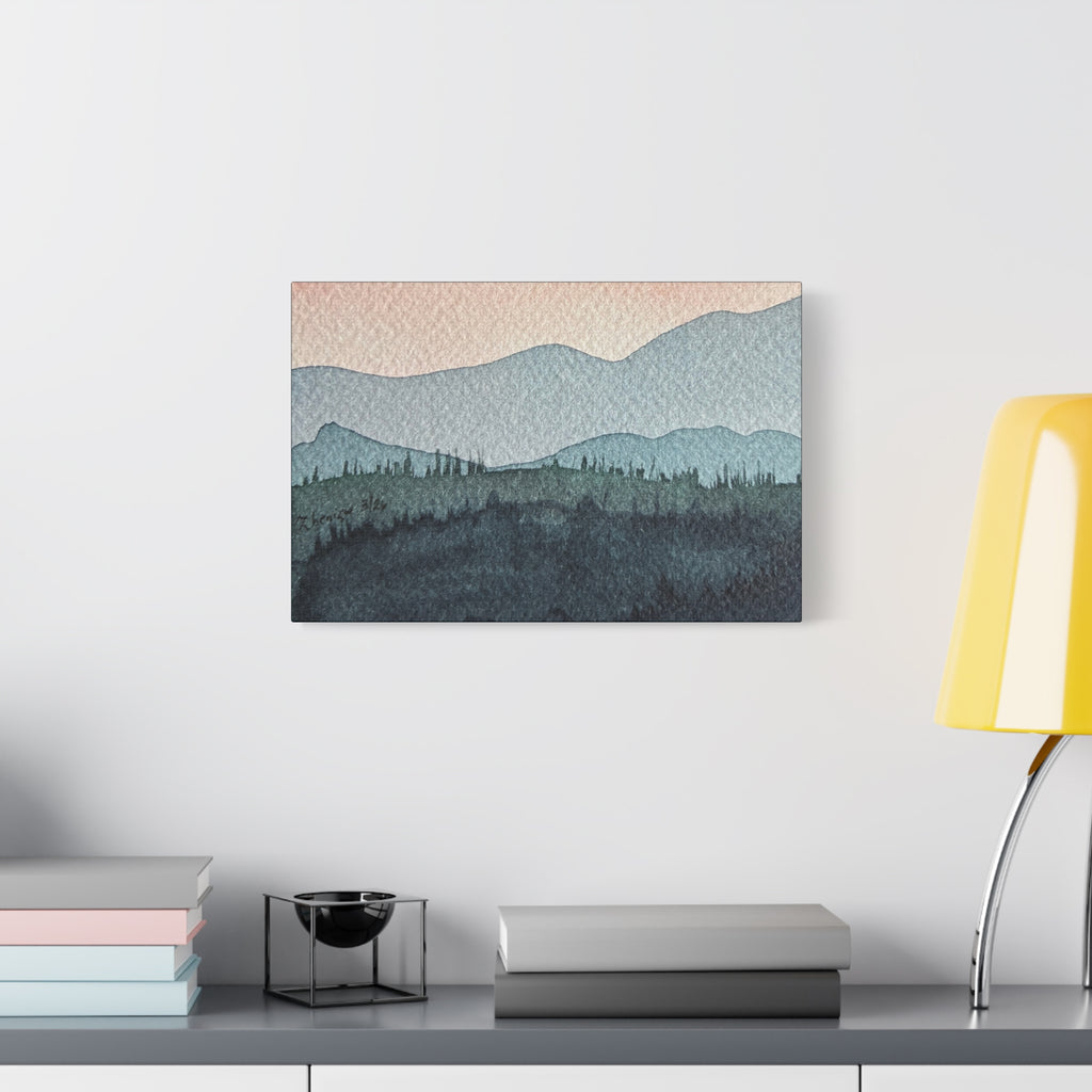 Teal Mountain Mist Watercolor Canvas Wall Art — Stretched Matte Landscape Print