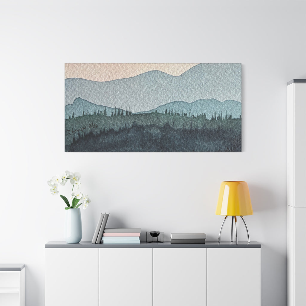 Teal Mountain Mist Watercolor Canvas Wall Art — Stretched Matte Landscape Print