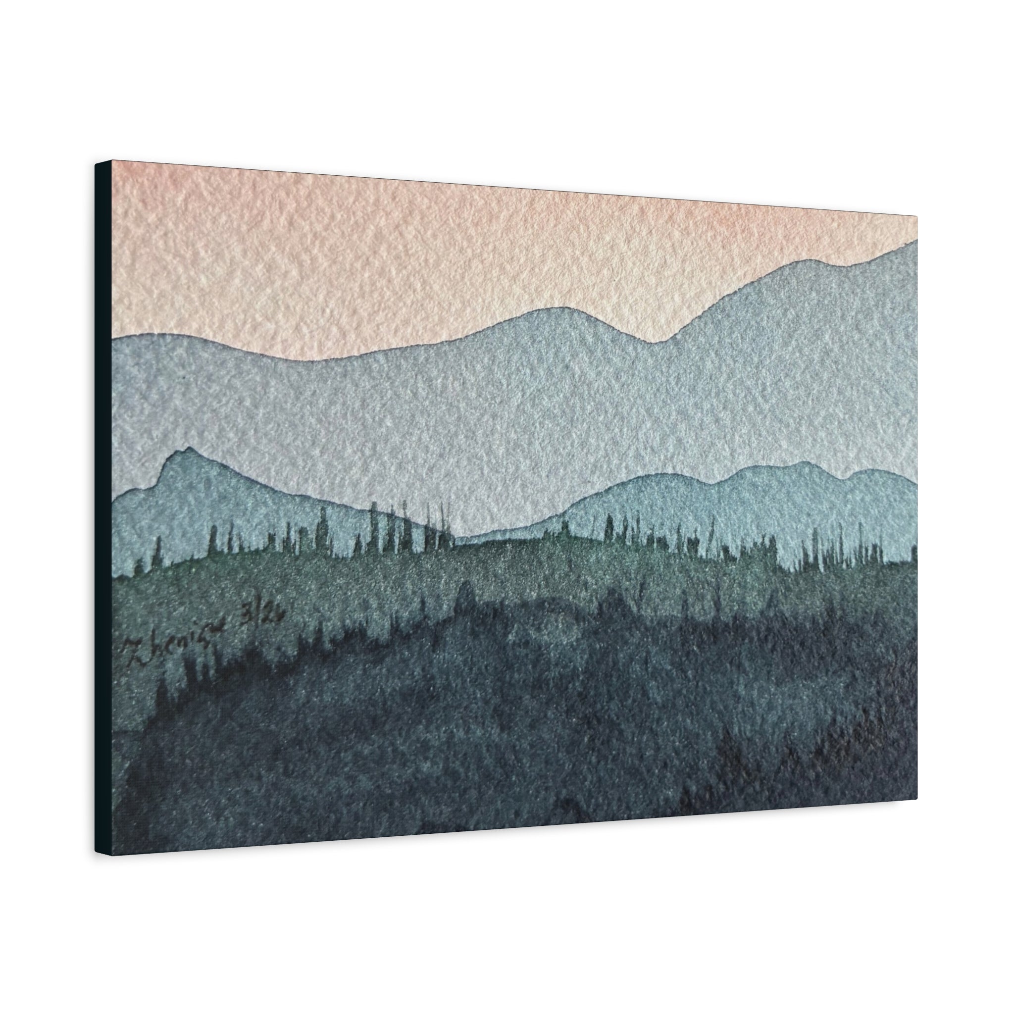 Teal Mountain Mist Watercolor Canvas Wall Art — Stretched Matte Landscape Print