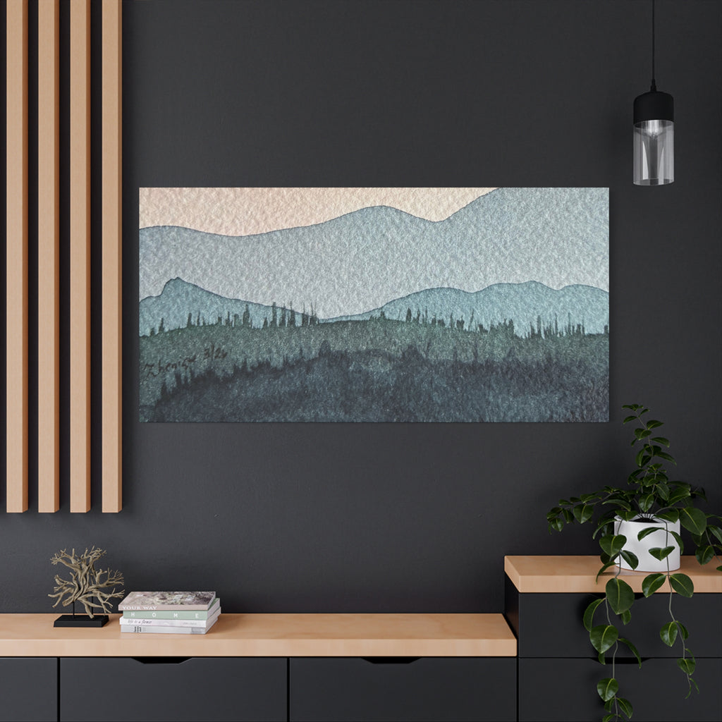 Teal Mountain Mist Watercolor Canvas Wall Art — Stretched Matte Landscape Print