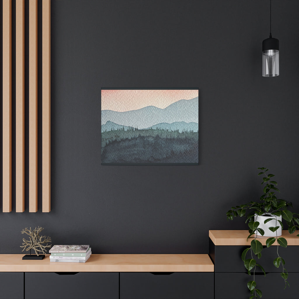 Teal Mountain Mist Watercolor Canvas Wall Art — Stretched Matte Landscape Print