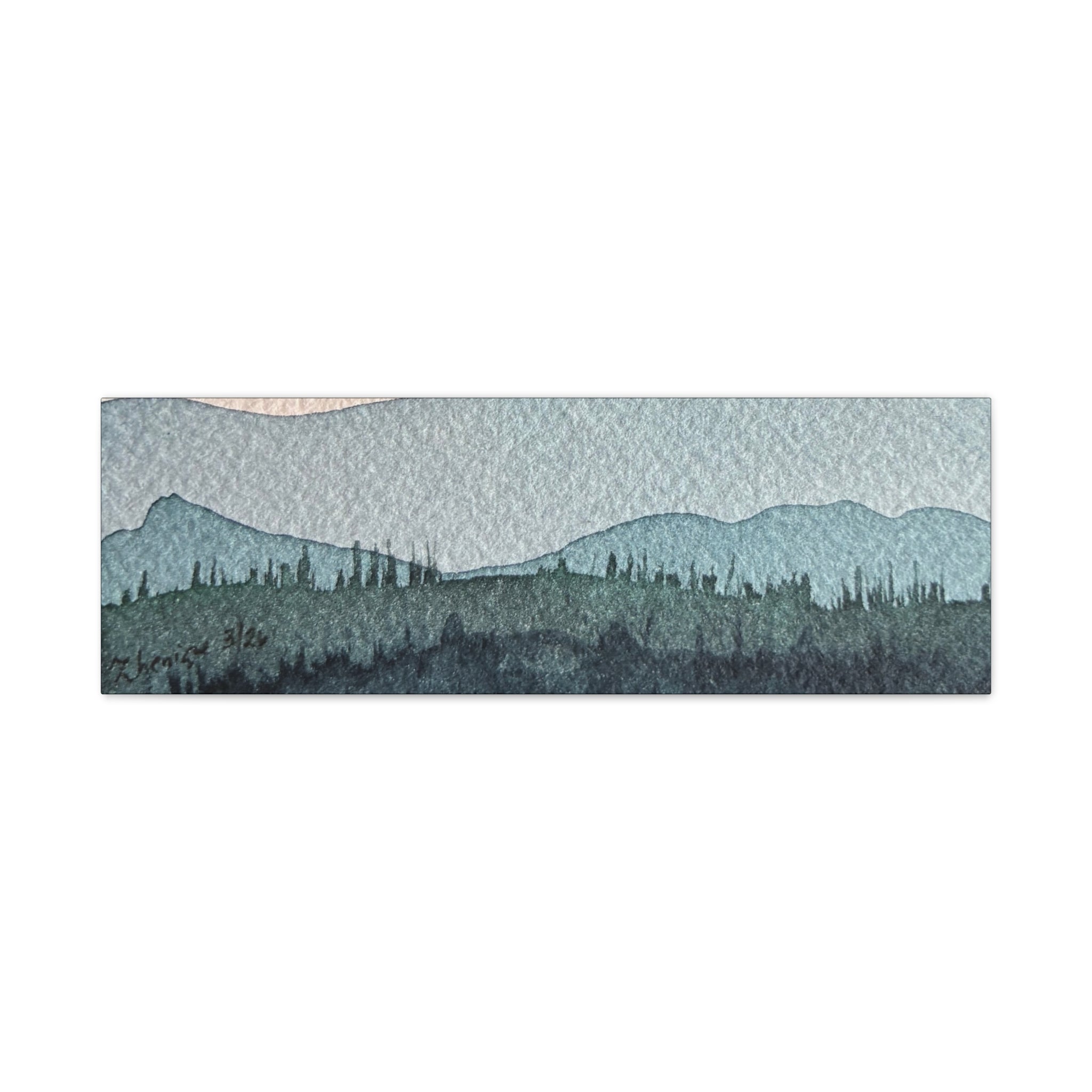 Teal Mountain Mist Watercolor Canvas Wall Art — Stretched Matte Landscape Print