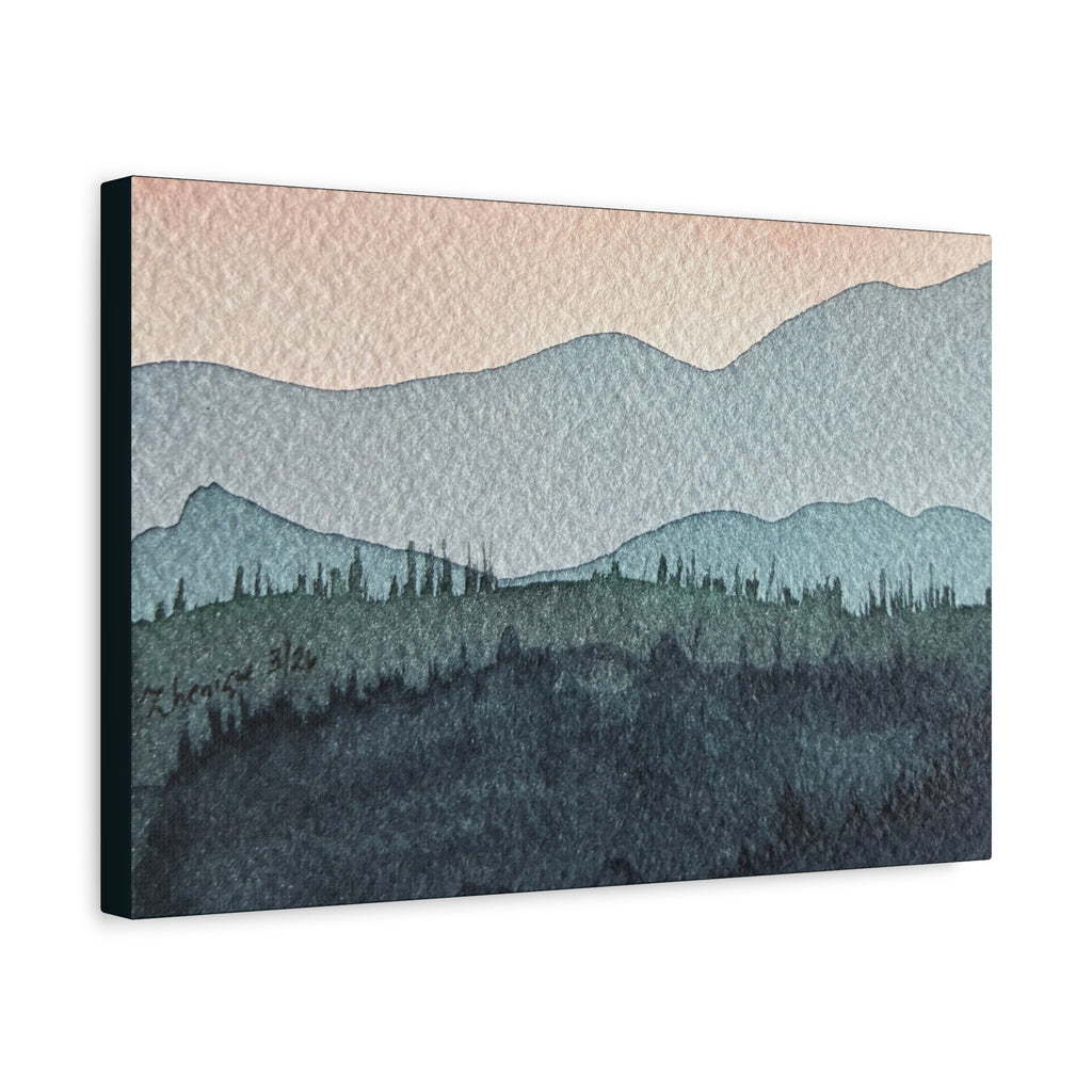 Teal Mountain Mist Watercolor Canvas Wall Art — Stretched Matte Landscape Print