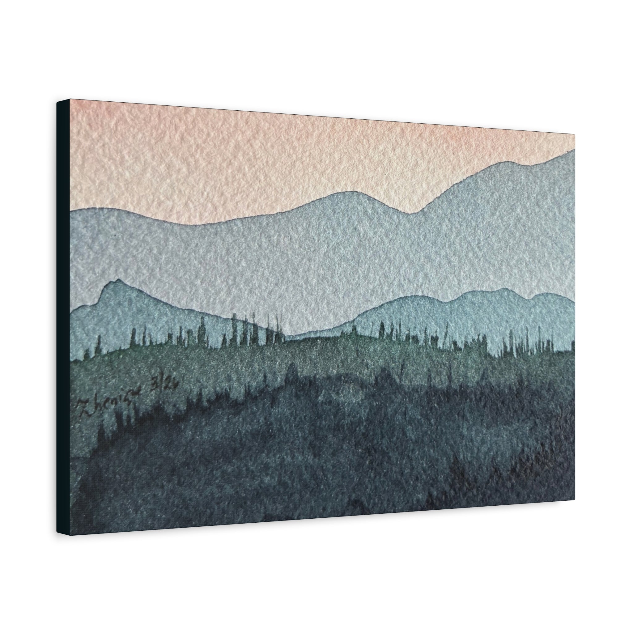 Teal Mountain Mist Watercolor Canvas Wall Art — Stretched Matte Landscape Print