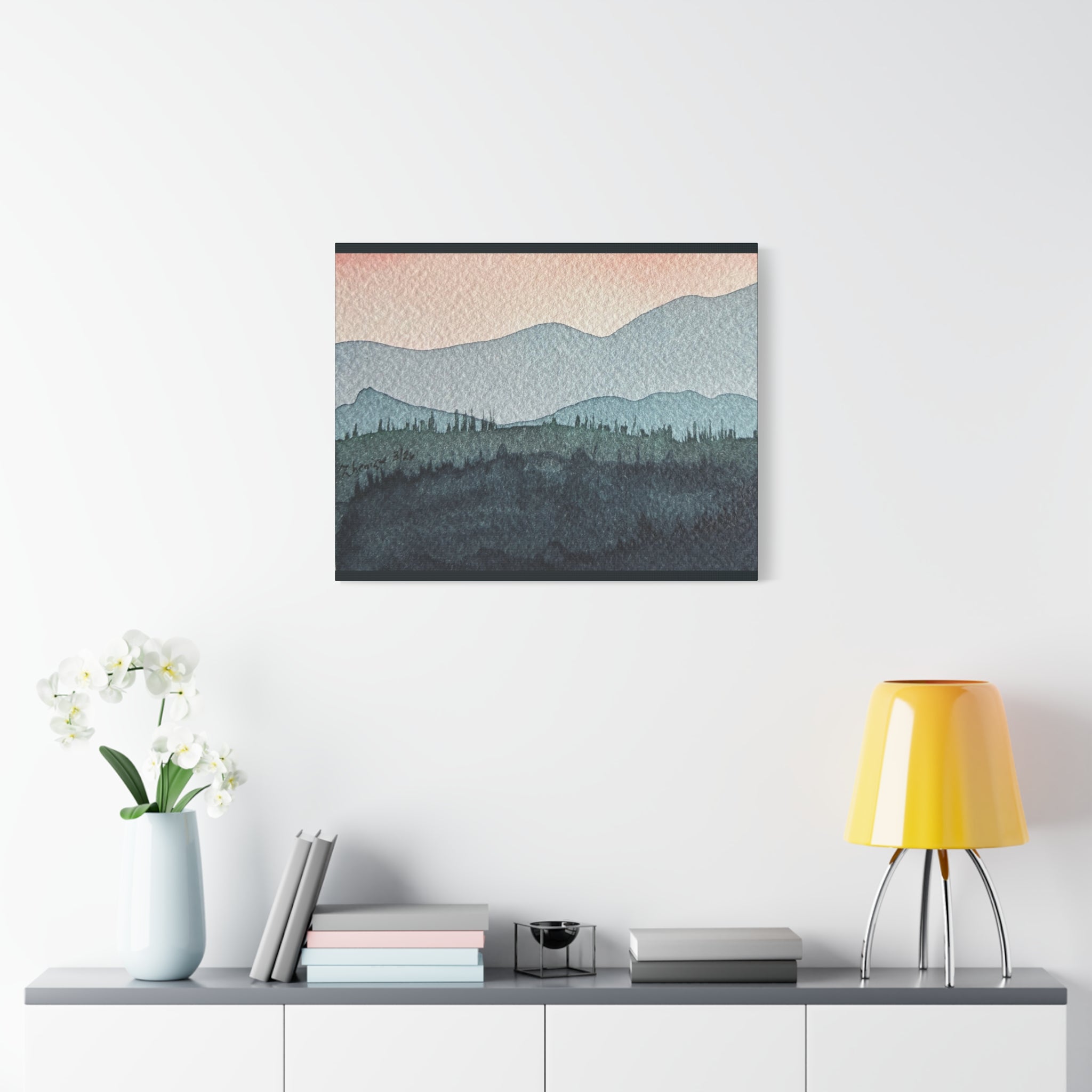 Teal Mountain Mist Watercolor Canvas Wall Art — Stretched Matte Landscape Print