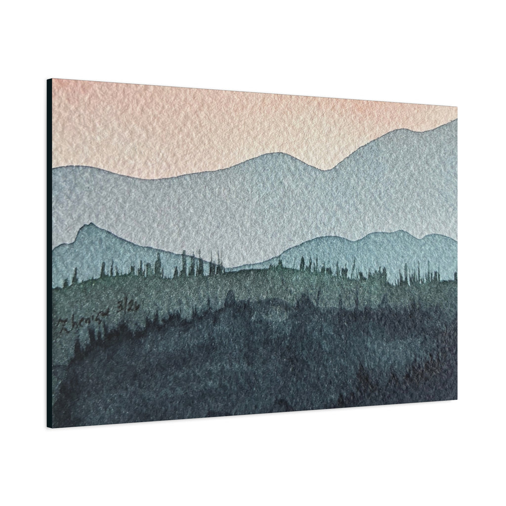 Teal Mountain Mist Watercolor Canvas Wall Art — Stretched Matte Landscape Print