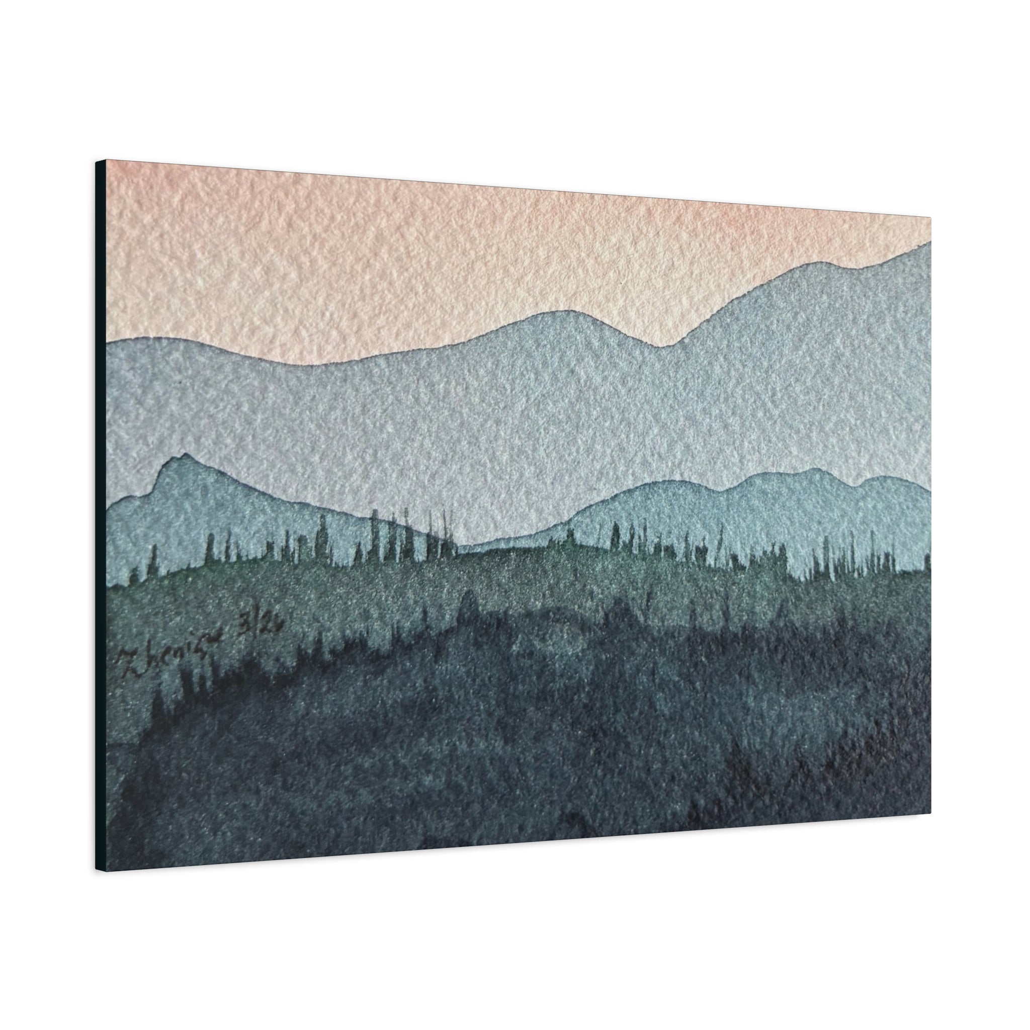 Teal Mountain Mist Watercolor Canvas Wall Art — Stretched Matte Landscape Print