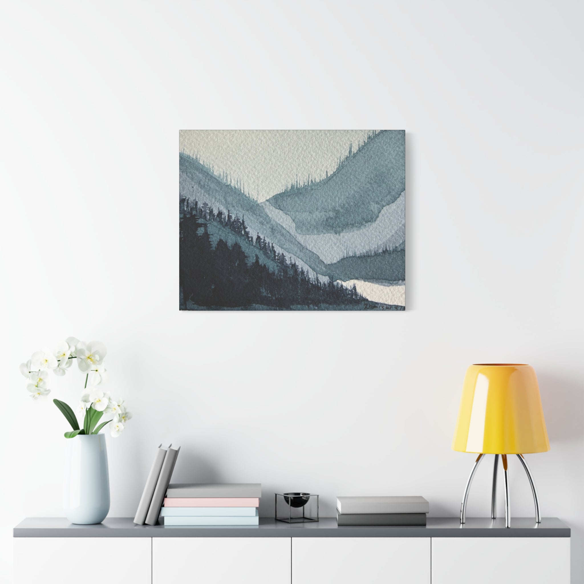 Kristi Mountain Mist Watercolor Canvas Wall Art — Stretched Matte Landscape Print