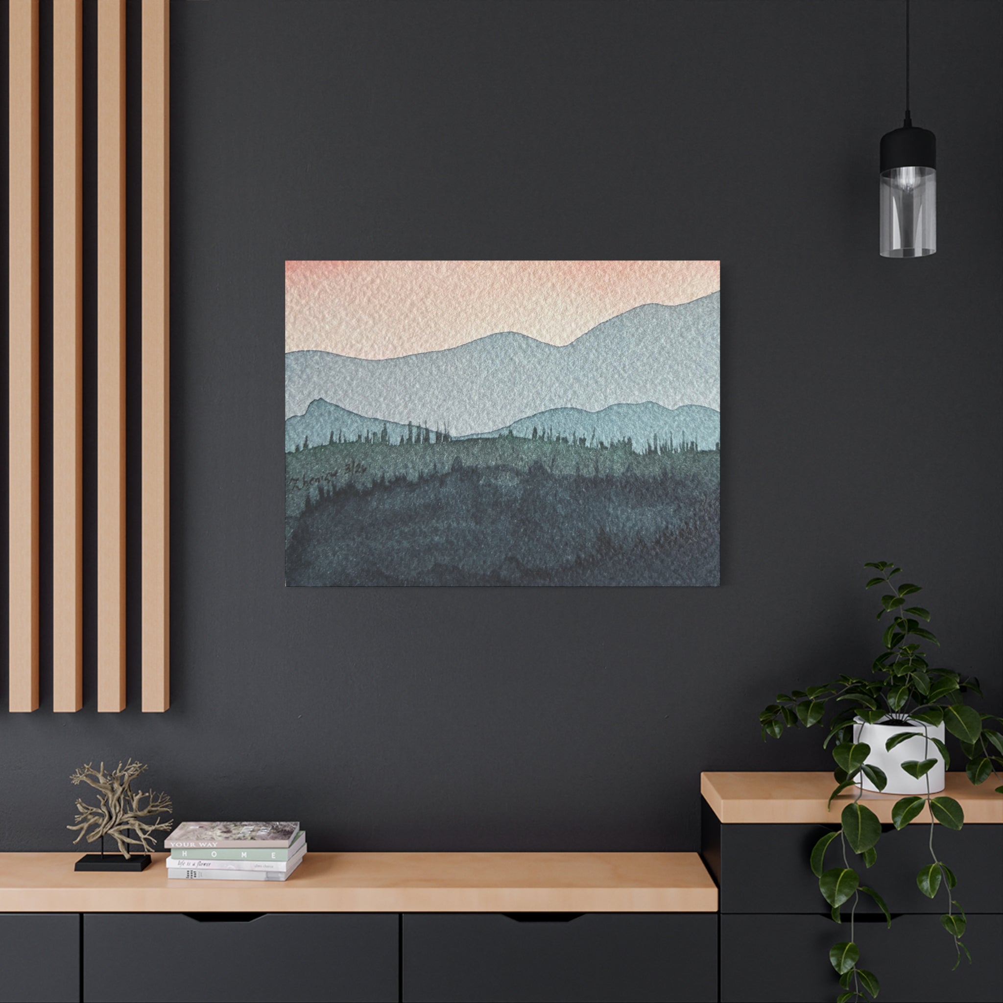 Teal Mountain Mist Watercolor Canvas Wall Art — Stretched Matte Landscape Print