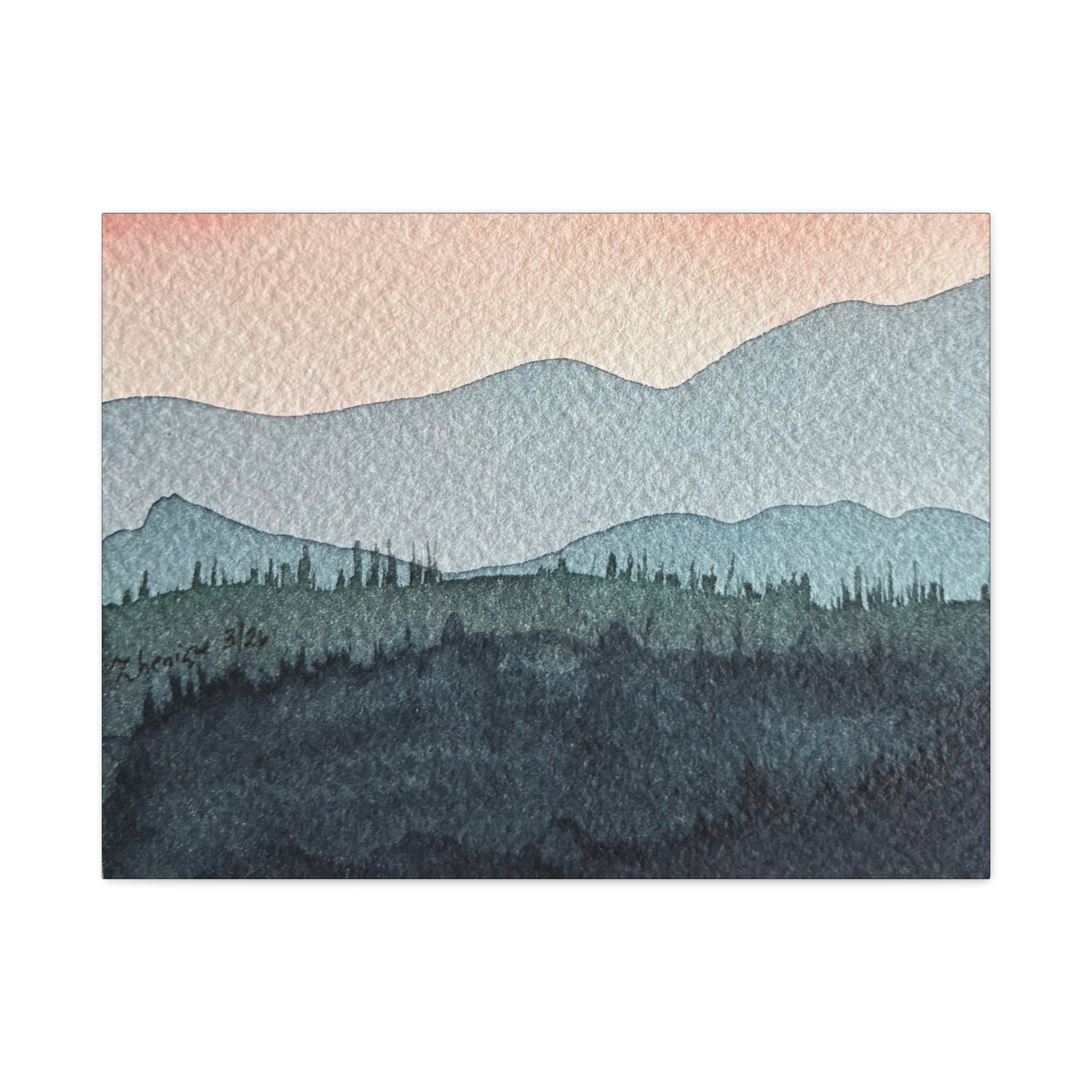 Teal Mountain Mist Watercolor Canvas Wall Art — Stretched Matte Landscape Print