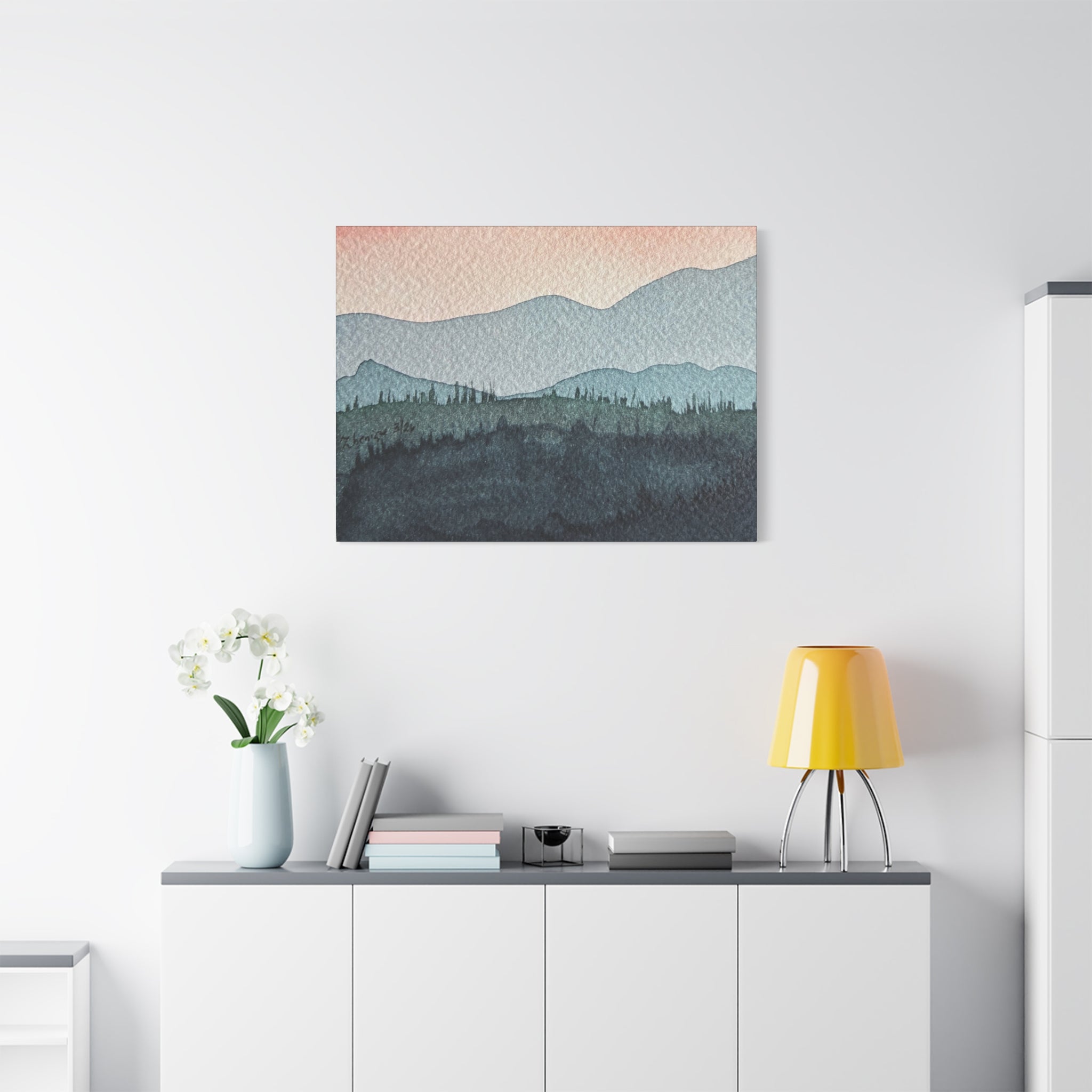 Teal Mountain Mist Watercolor Canvas Wall Art — Stretched Matte Landscape Print