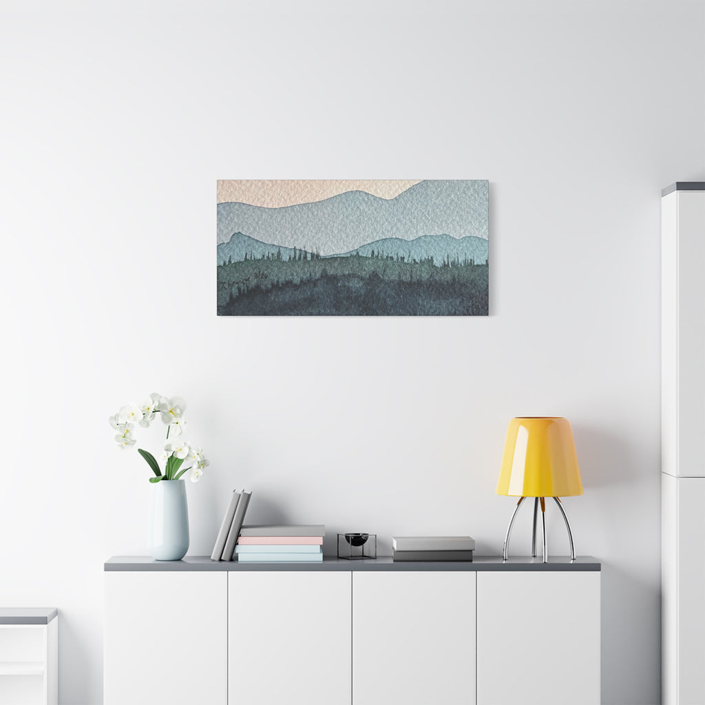 Teal Mountain Mist Watercolor Canvas Wall Art — Stretched Matte Landscape Print