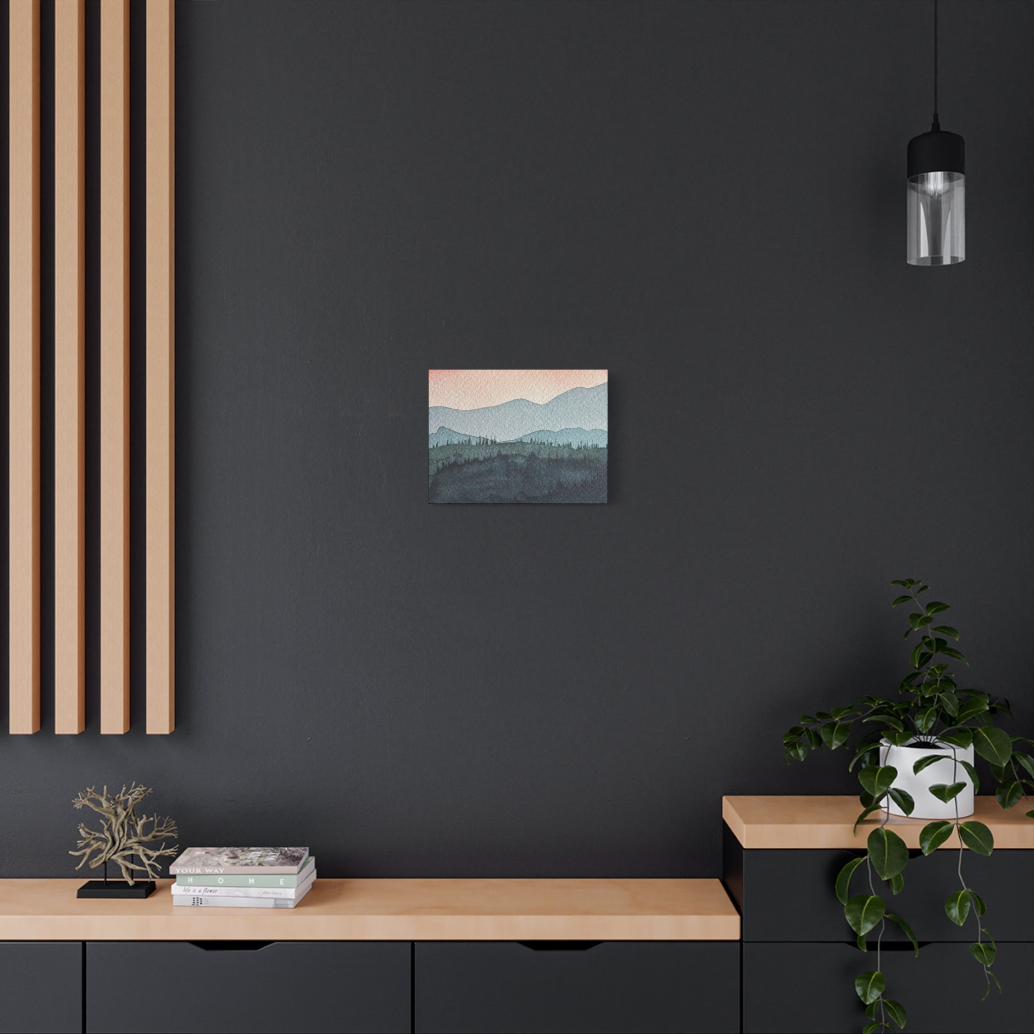 Teal Mountain Mist Watercolor Canvas Wall Art — Stretched Matte Landscape Print