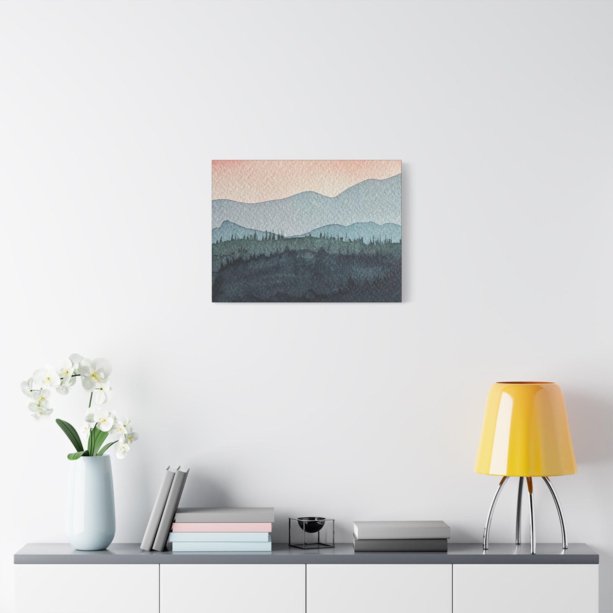 Teal Mountain Mist Watercolor Canvas Wall Art — Stretched Matte Landscape Print