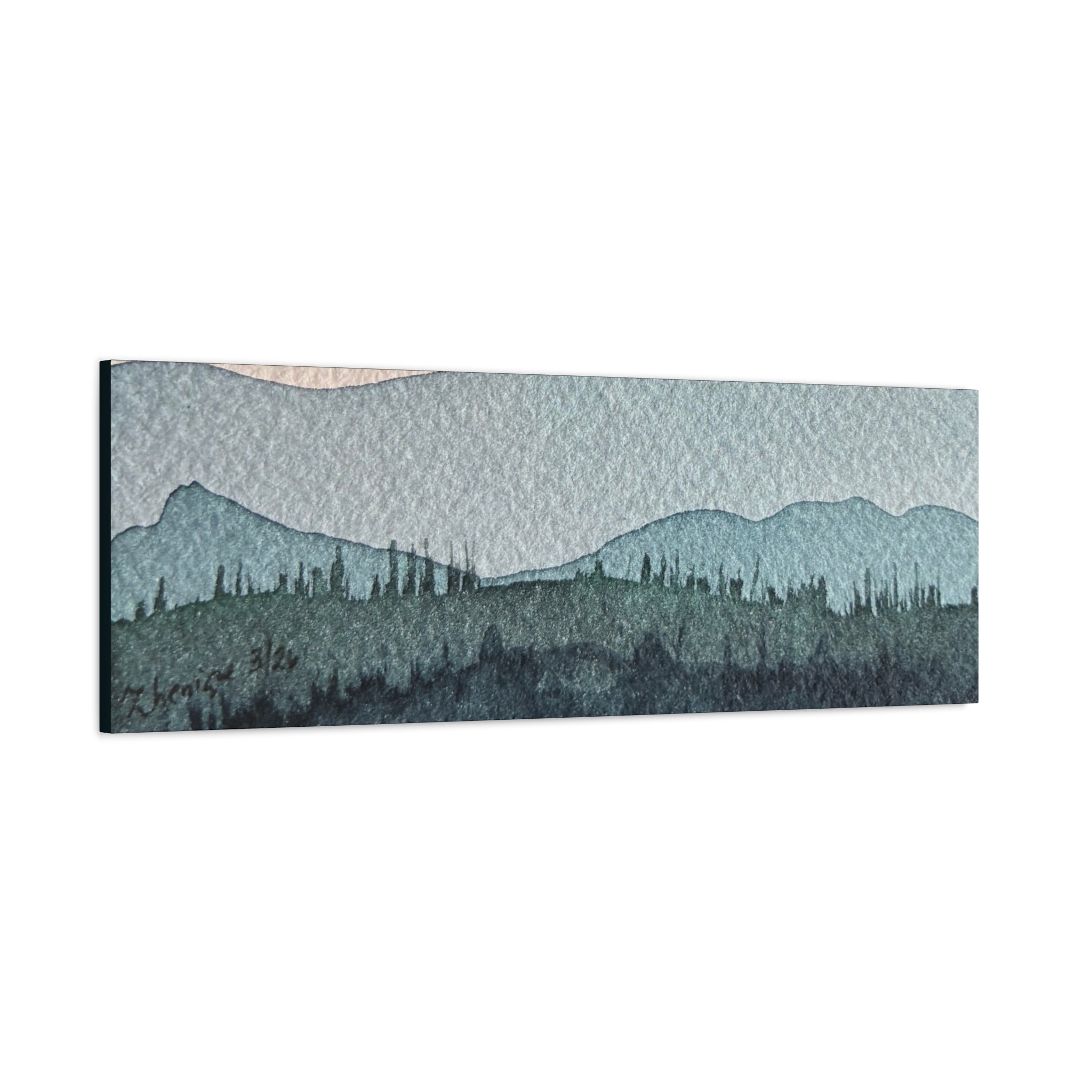 Teal Mountain Mist Watercolor Canvas Wall Art — Stretched Matte Landscape Print