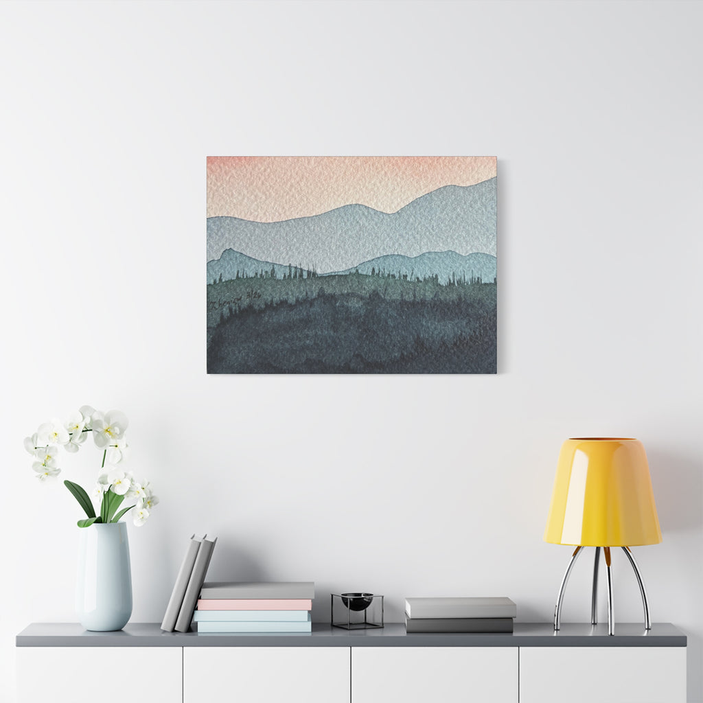 Teal Mountain Mist Watercolor Canvas Wall Art — Stretched Matte Landscape Print