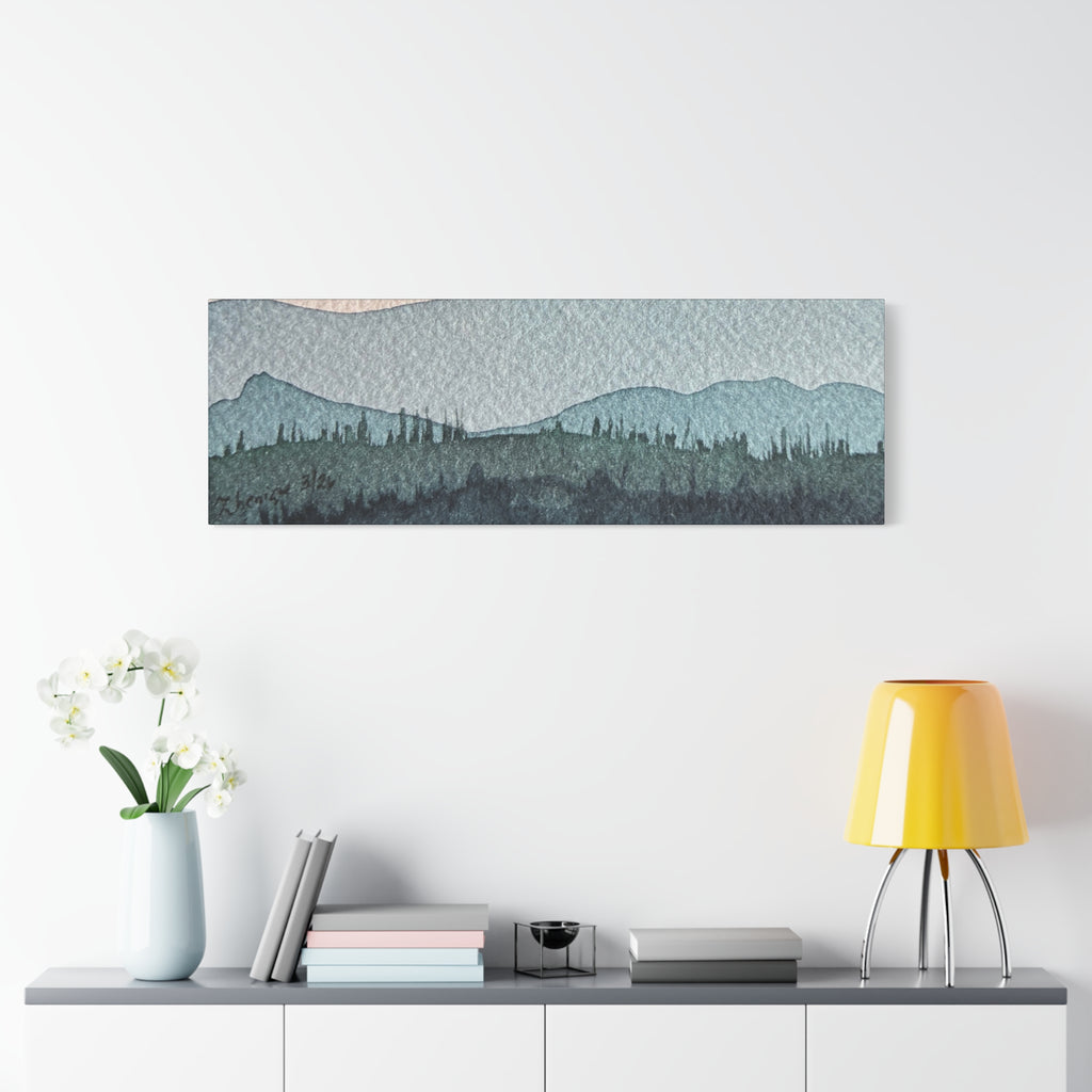 Teal Mountain Mist Watercolor Canvas Wall Art — Stretched Matte Landscape Print