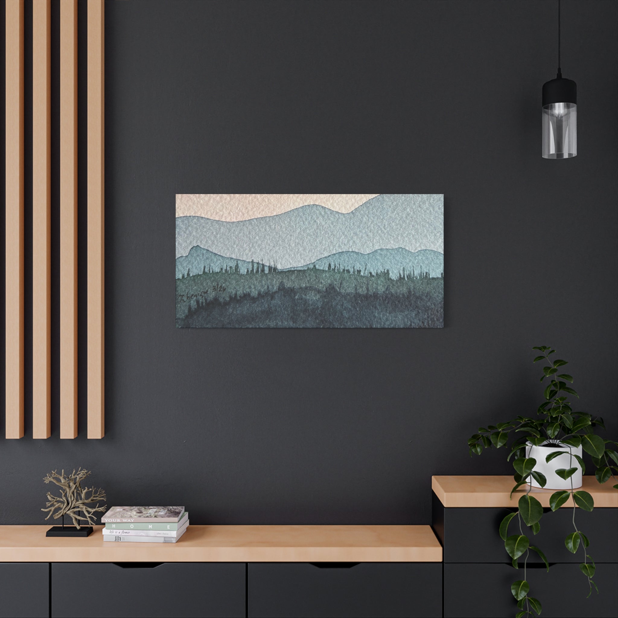 Teal Mountain Mist Watercolor Canvas Wall Art — Stretched Matte Landscape Print