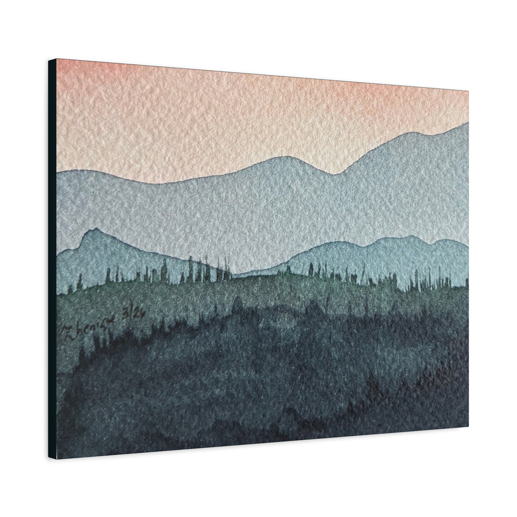 Teal Mountain Mist Watercolor Canvas Wall Art — Stretched Matte Landscape Print