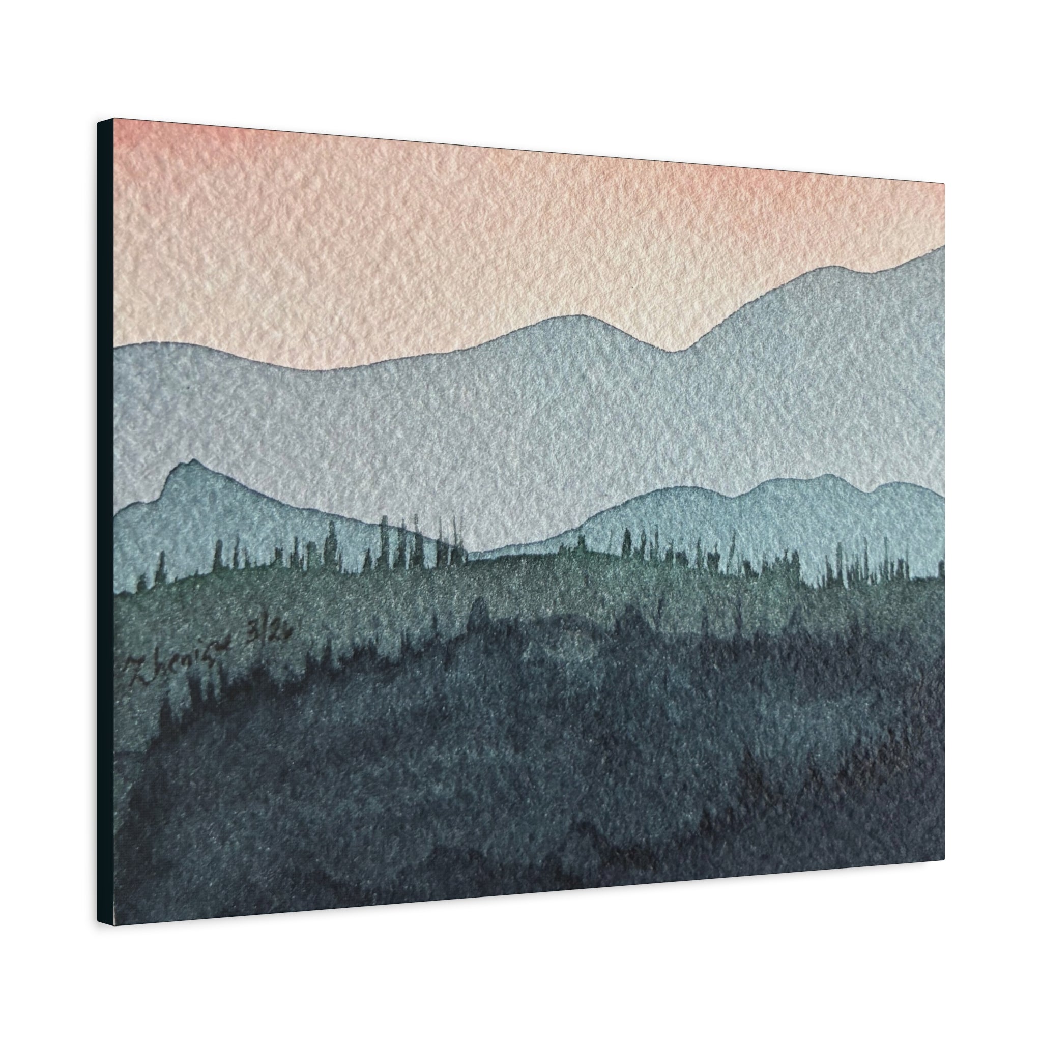 Teal Mountain Mist Watercolor Canvas Wall Art — Stretched Matte Landscape Print